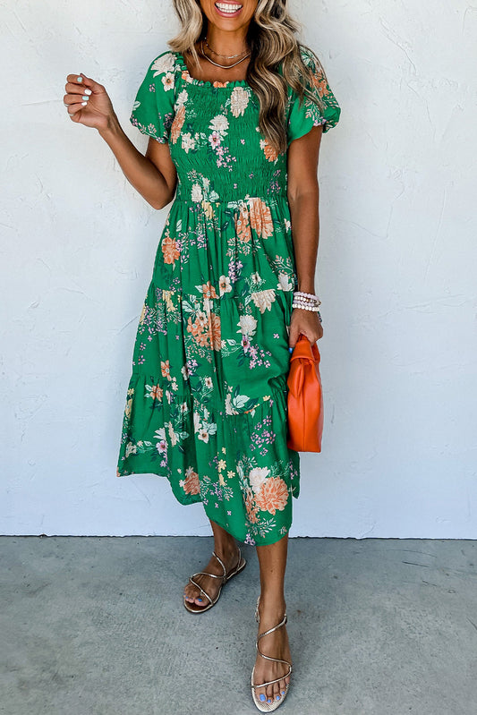 Green Floral Print Bubble Sleeve Smocked Tiered Midi Dress-Dresses/Floral Dresses-[Adult]-[Female]-Green-S-2022 Online Blue Zone Planet
