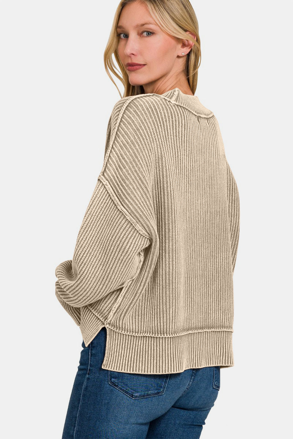 Zenana Exposed Seam Round Neck Dropped Shoulder Sweater-TOPS / DRESSES-[Adult]-[Female]-2022 Online Blue Zone Planet