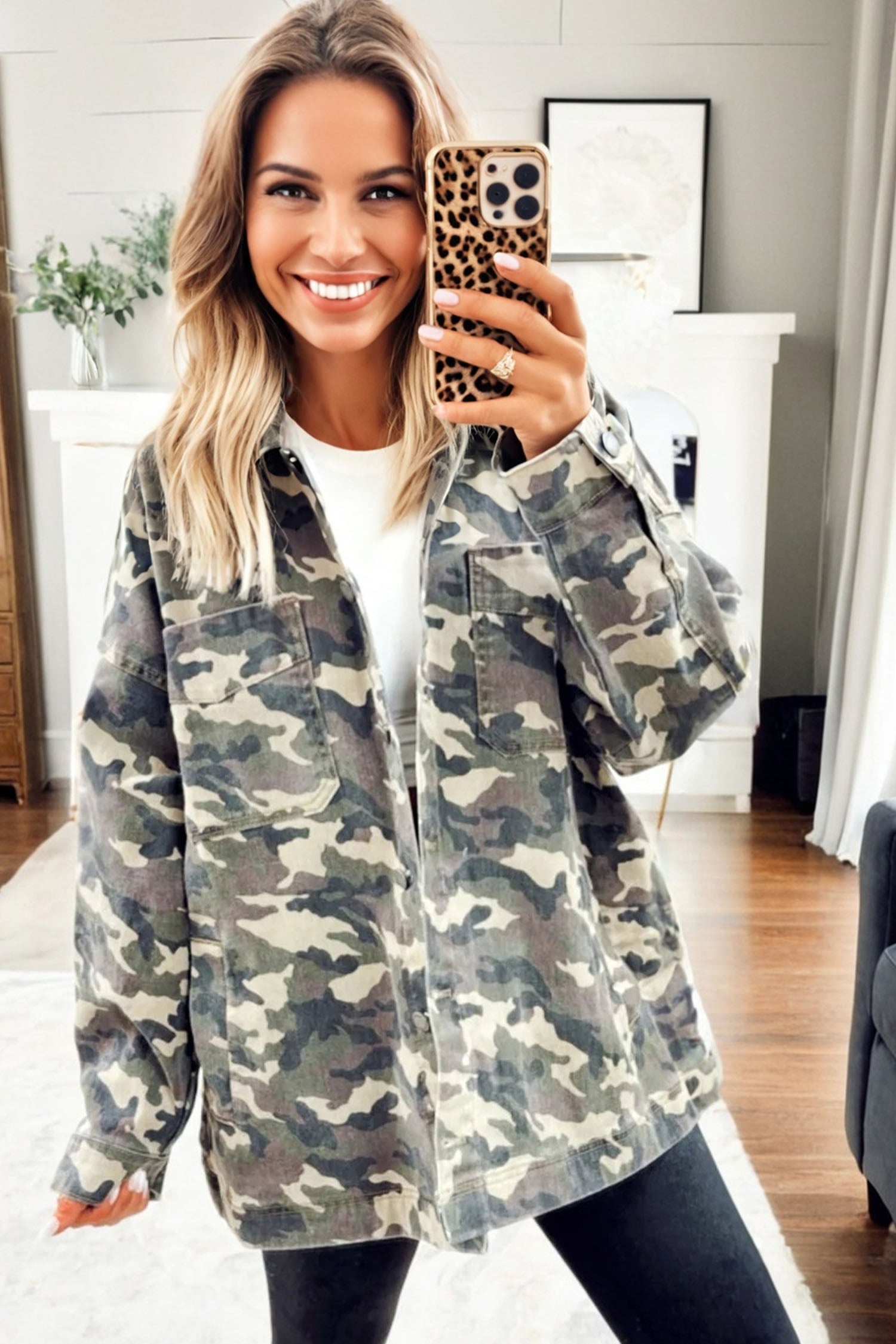 Green Camo Chest Pockets Loose Jean Jacket-TOPS / DRESSES-[Adult]-[Female]-2022 Online Blue Zone Planet