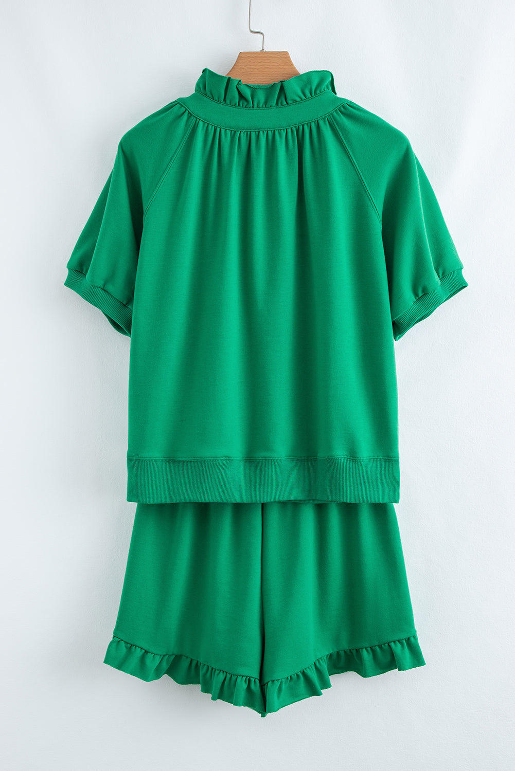 Sea Green Half Zip Puff Sleeve Top and Ruffled Shorts Set-Two Piece Sets/Short Sets-[Adult]-[Female]-2022 Online Blue Zone Planet