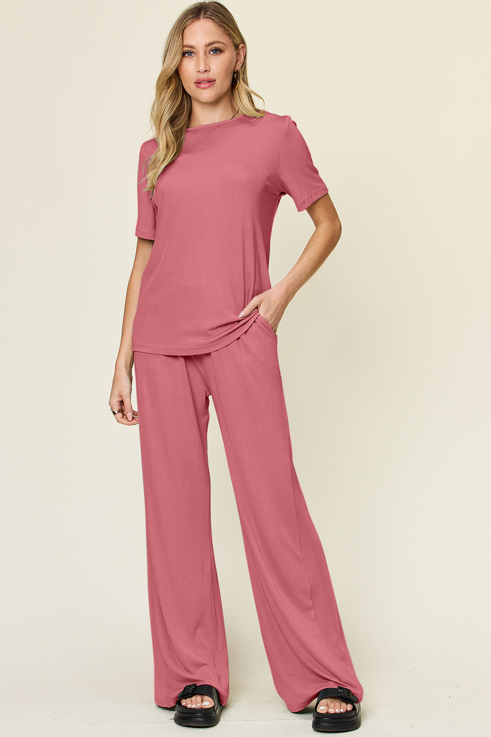 Double Take Full Size Round Neck Short Sleeve T-Shirt and Wide Leg Pants Set-TOPS / DRESSES-[Adult]-[Female]-Coral-S-2022 Online Blue Zone Planet