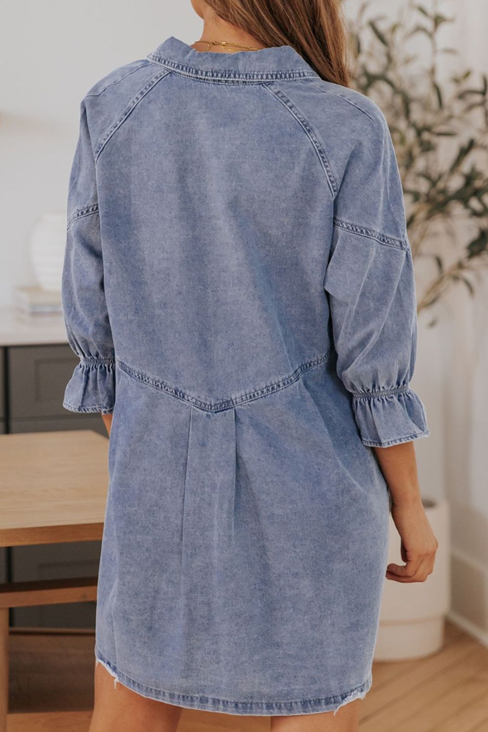 Blue Zone Planet | Distressed Collared Neck Flounce Sleeve Denim Dress-TOPS / DRESSES-[Adult]-[Female]-2022 Online Blue Zone Planet