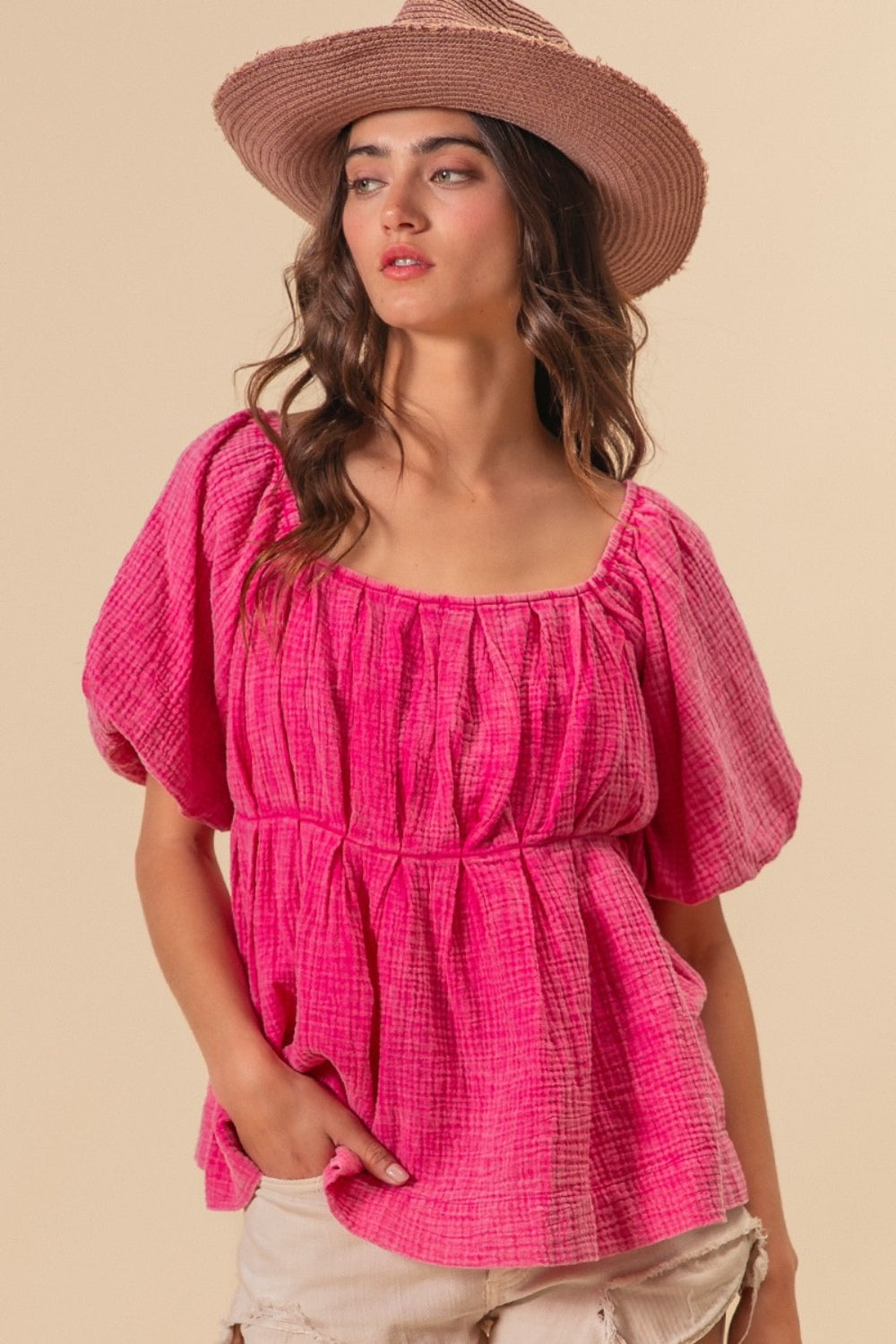 BiBi Pleated Puff Sleeve Washed Blouse-TOPS / DRESSES-[Adult]-[Female]-Fuchsia-S-2022 Online Blue Zone Planet