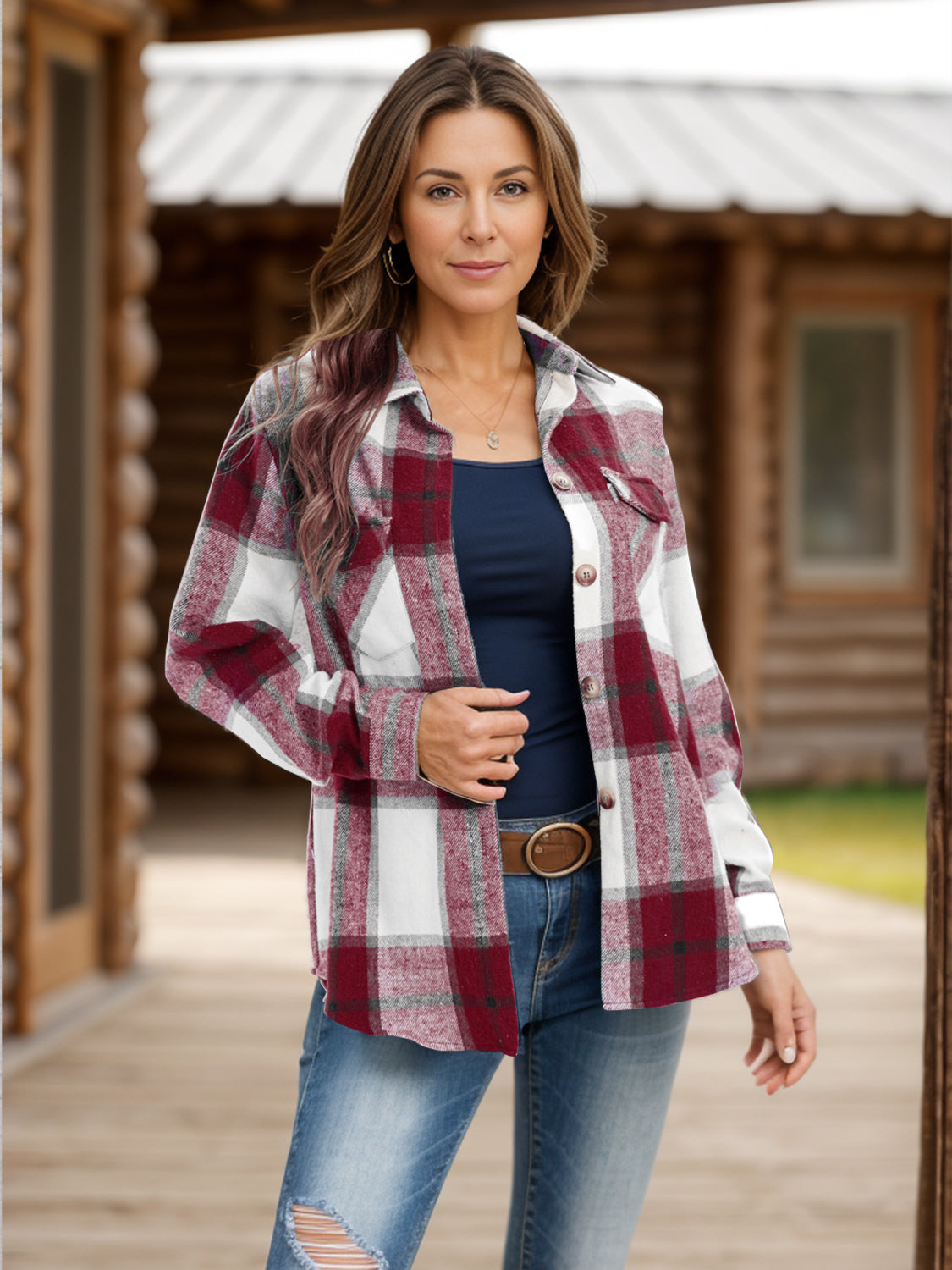 Full Size Pocketed Plaid Collared Neck Shacket-TOPS / DRESSES-[Adult]-[Female]-2022 Online Blue Zone Planet