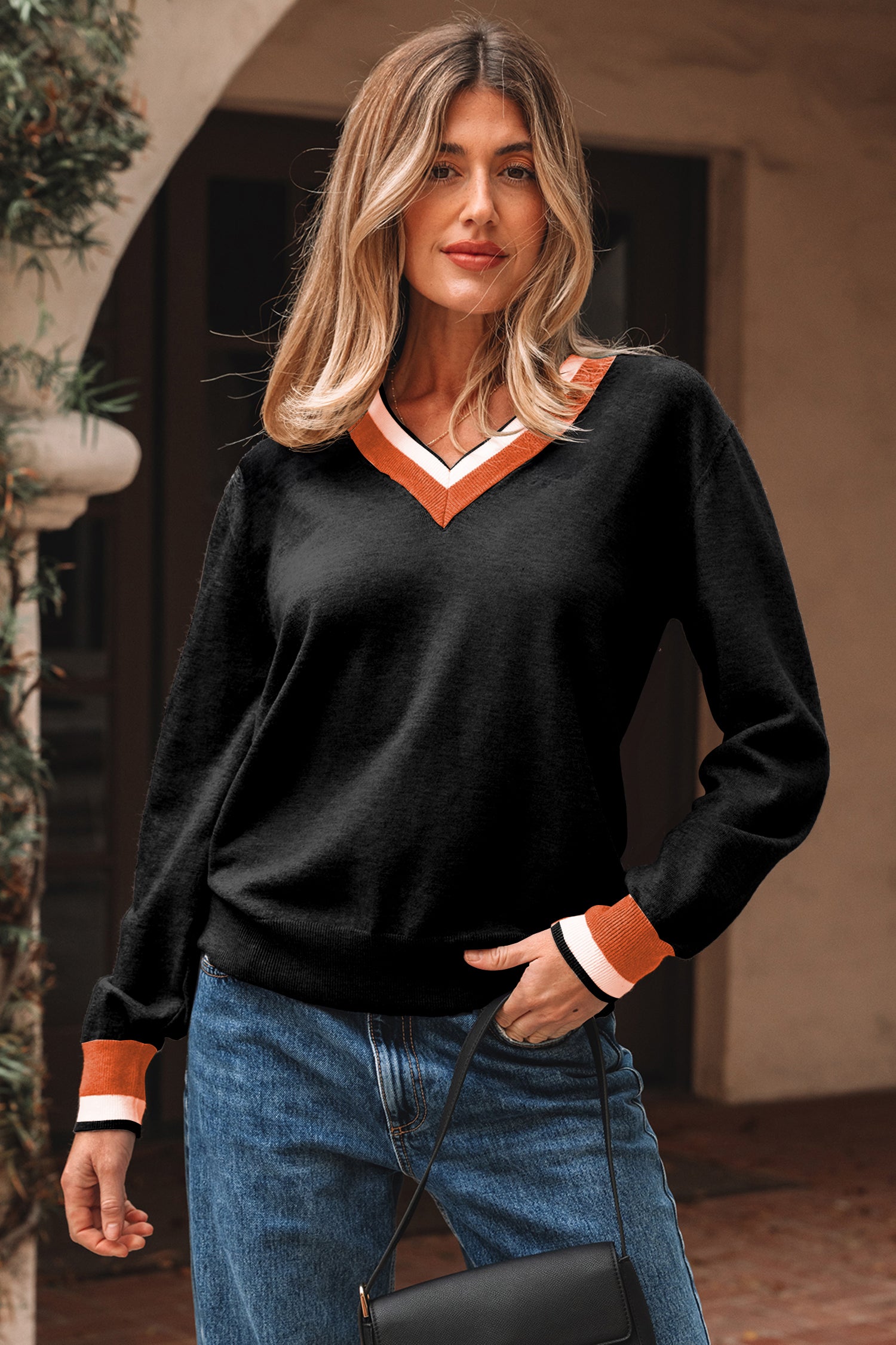 Black Contrast Striped Trim V Neck Varsity Sweater-TOPS / DRESSES-[Adult]-[Female]-2022 Online Blue Zone Planet