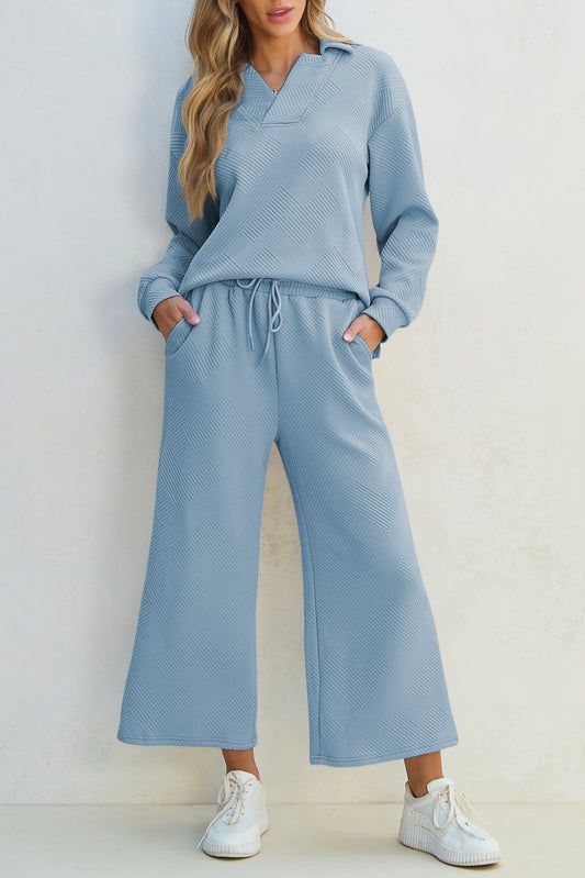 Textured Collared Neck Top and Wide Leg Pants Set-TOPS / DRESSES-[Adult]-[Female]-Light Blue-S-2022 Online Blue Zone Planet