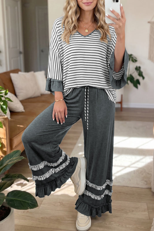 Gray Stripe V Neck Ruffle Contrast Sleeve Top Drawstring Pants 2pcs Set-Two Piece Sets/Pant Sets-[Adult]-[Female]-Gray Stripe-S-2022 Online Blue Zone Planet