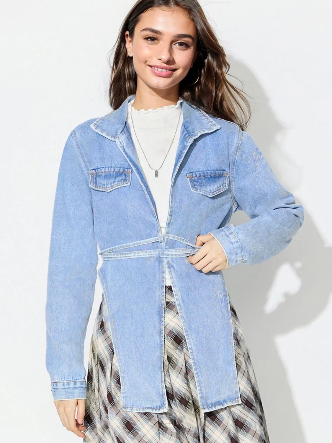 Asymmetric Slit Collared Neck Long Denim Top-TOPS / DRESSES-[Adult]-[Female]-Medium-S-2022 Online Blue Zone Planet