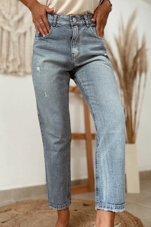 Beau Blue Slightly Distressed Ankle-length Straight Jeans-Bottoms/Jeans-[Adult]-[Female]-Beau Blue-4-2022 Online Blue Zone Planet