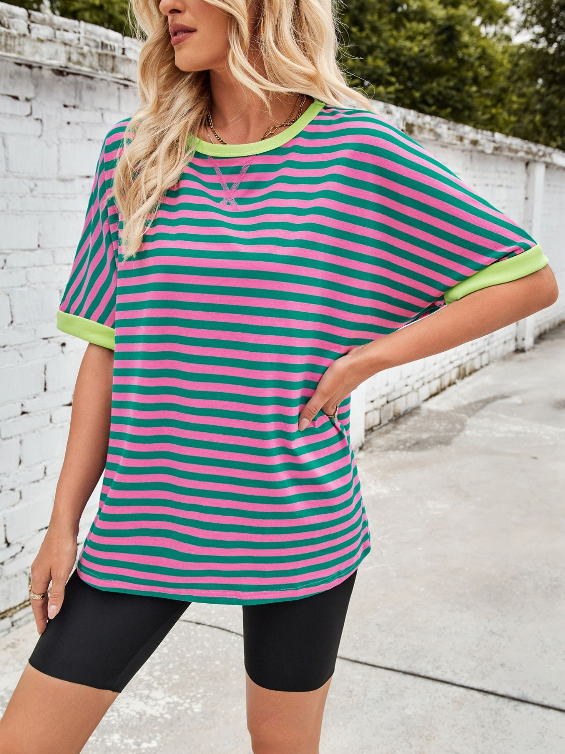 Lovelet Striped Round Neck Half Sleeve T-Shirt-TOPS / DRESSES-[Adult]-[Female]-2022 Online Blue Zone Planet