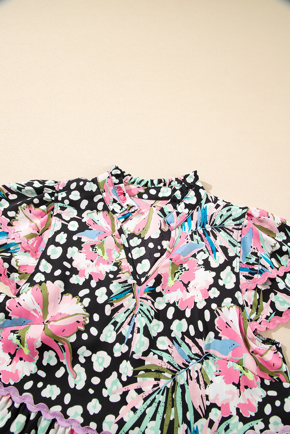 Blue Zone Planet | Pink Floral Ricrac Embellished Tiered Mini Dress-TOPS / DRESSES-[Adult]-[Female]-2022 Online Blue Zone Planet