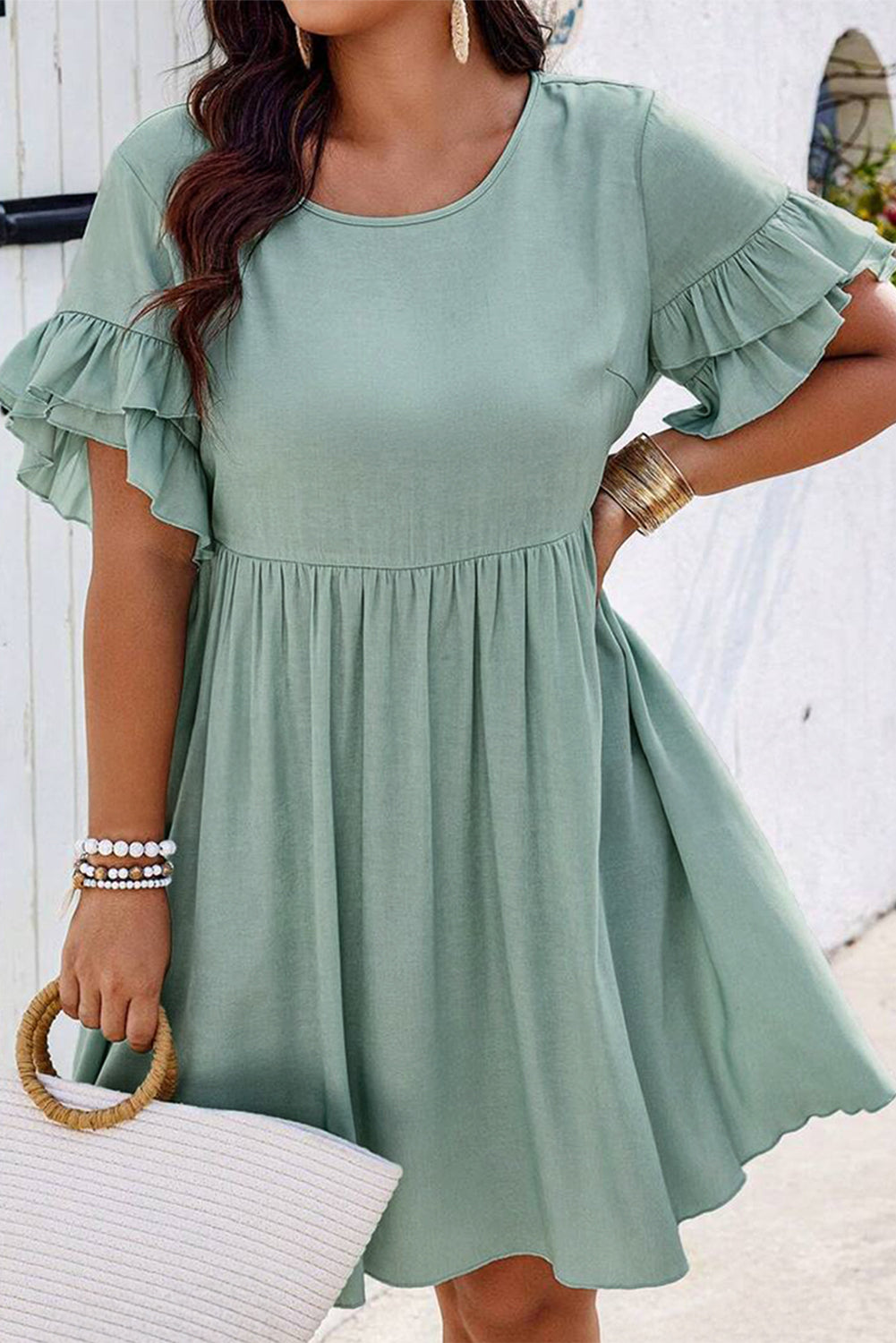 Grass Green Plain Ruffle Hem Plus Size Flared Mini Dress