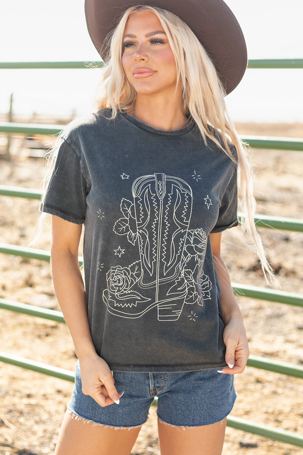 High-Rise Western Cowboy Boots Graphic Tee-Tops/Tops & Tees-[Adult]-[Female]-2022 Online Blue Zone Planet