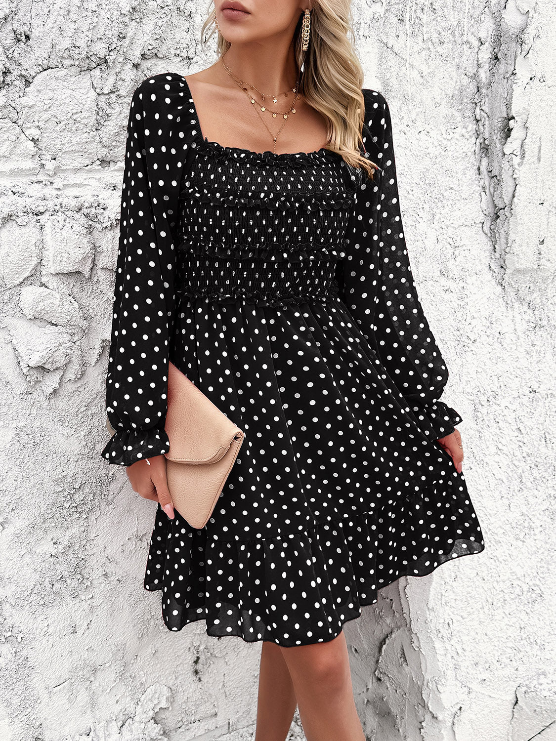 Smocked Polka Dot Long Sleeve Dress-TOPS / DRESSES-[Adult]-[Female]-2022 Online Blue Zone Planet