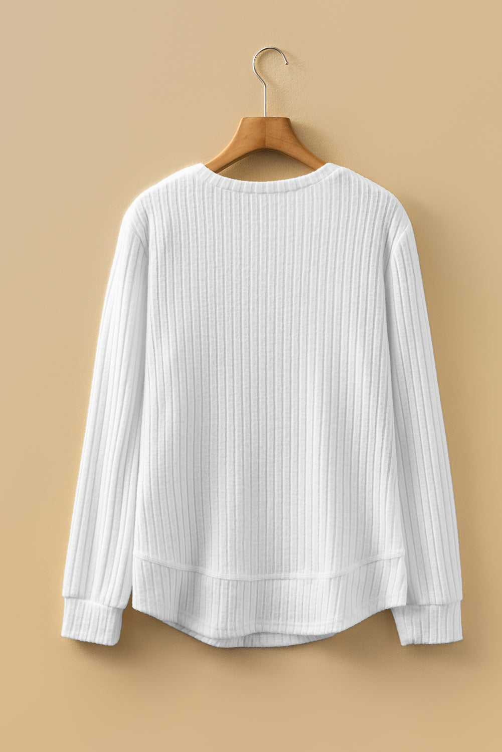 White Ribbed Texture Round Neck Long Sleeve Rounded Hem Knit Top-Tops/Long Sleeve Tops-[Adult]-[Female]-2022 Online Blue Zone Planet