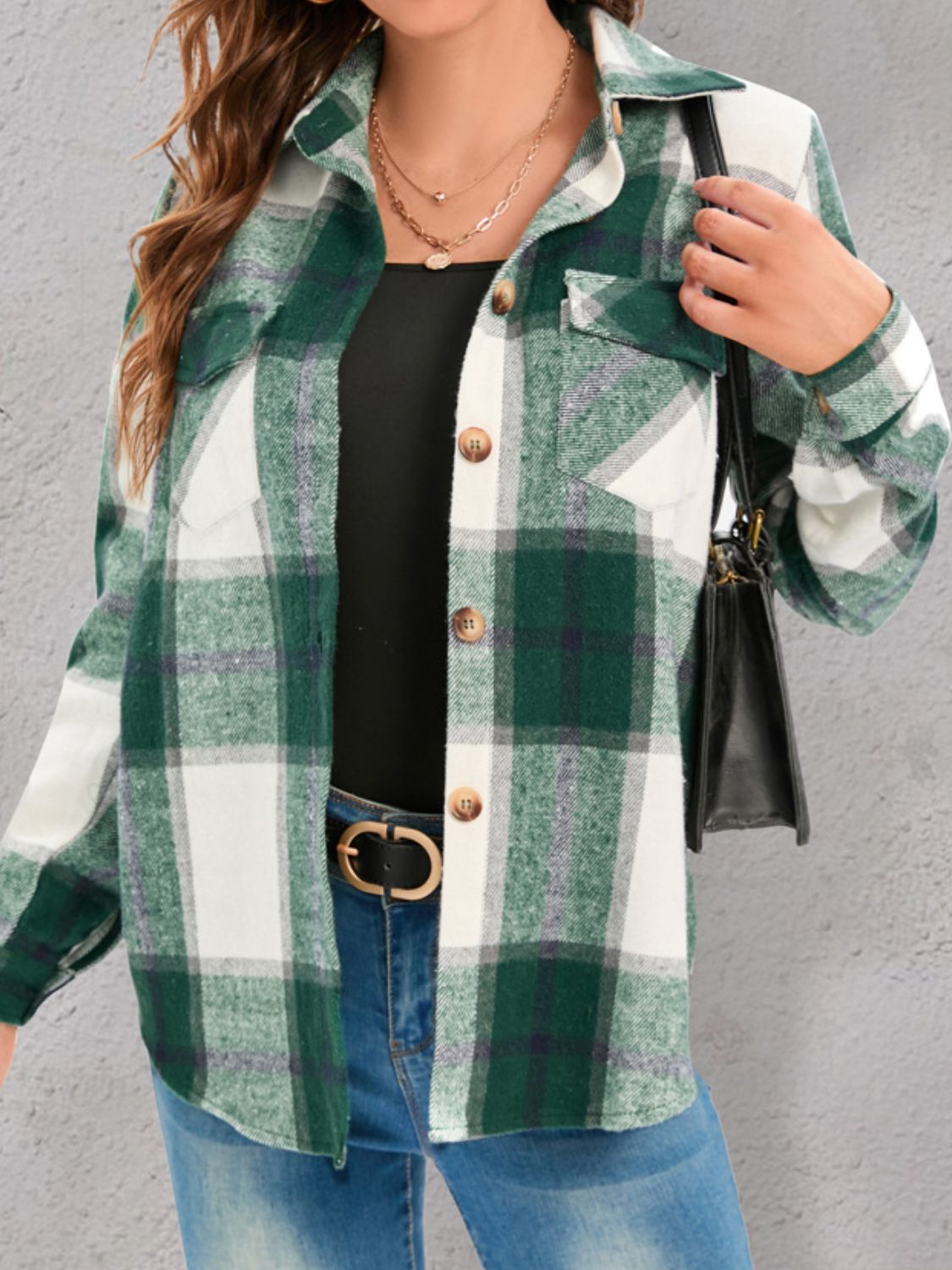 Full Size Pocketed Plaid Collared Neck Shacket-TOPS / DRESSES-[Adult]-[Female]-2022 Online Blue Zone Planet