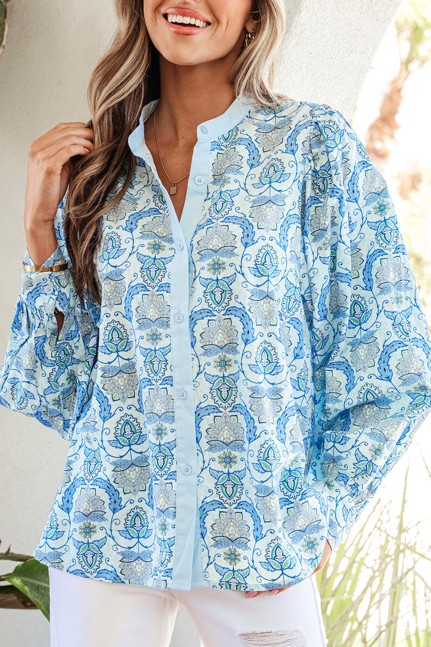 Sky Blue Paisley Print Puff Sleeve Loose Shirt-Tops/Blouses & Shirts-[Adult]-[Female]-2022 Online Blue Zone Planet