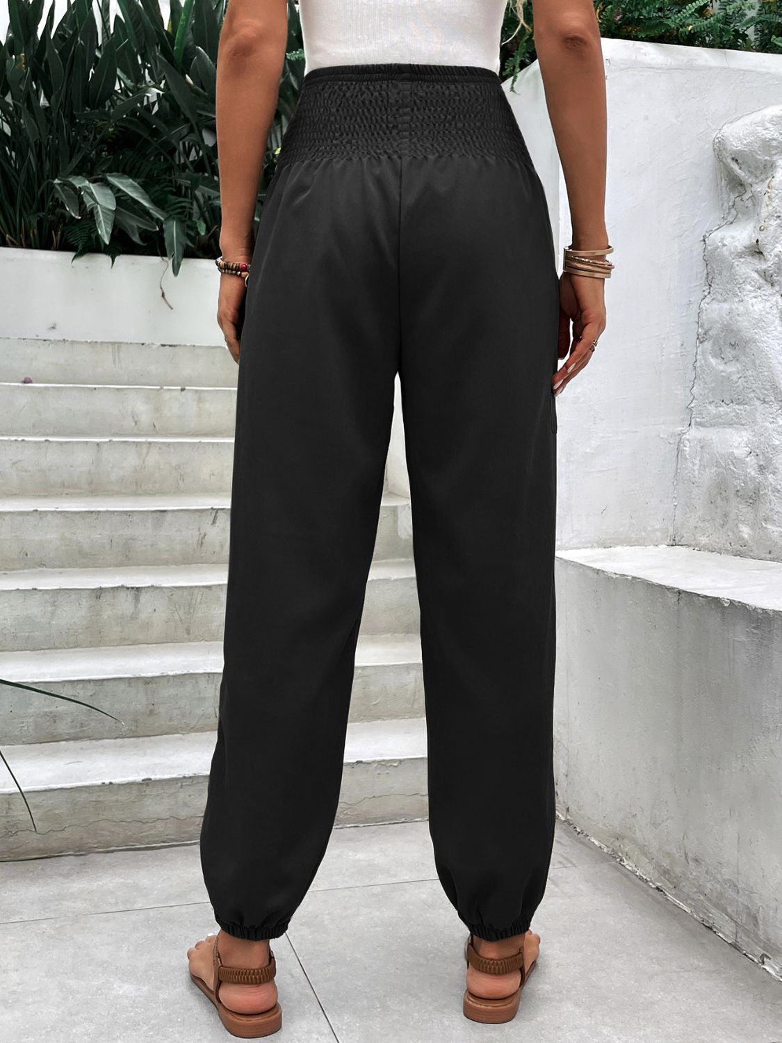 Smocked High Rise Joggers with Pockets-BOTTOM SIZES SMALL MEDIUM LARGE-[Adult]-[Female]-2022 Online Blue Zone Planet