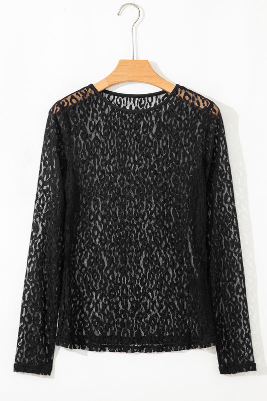 Black Leopard Pattern Sheer Mesh Long Sleeve Top-Tops/Long Sleeve Tops-[Adult]-[Female]-2022 Online Blue Zone Planet