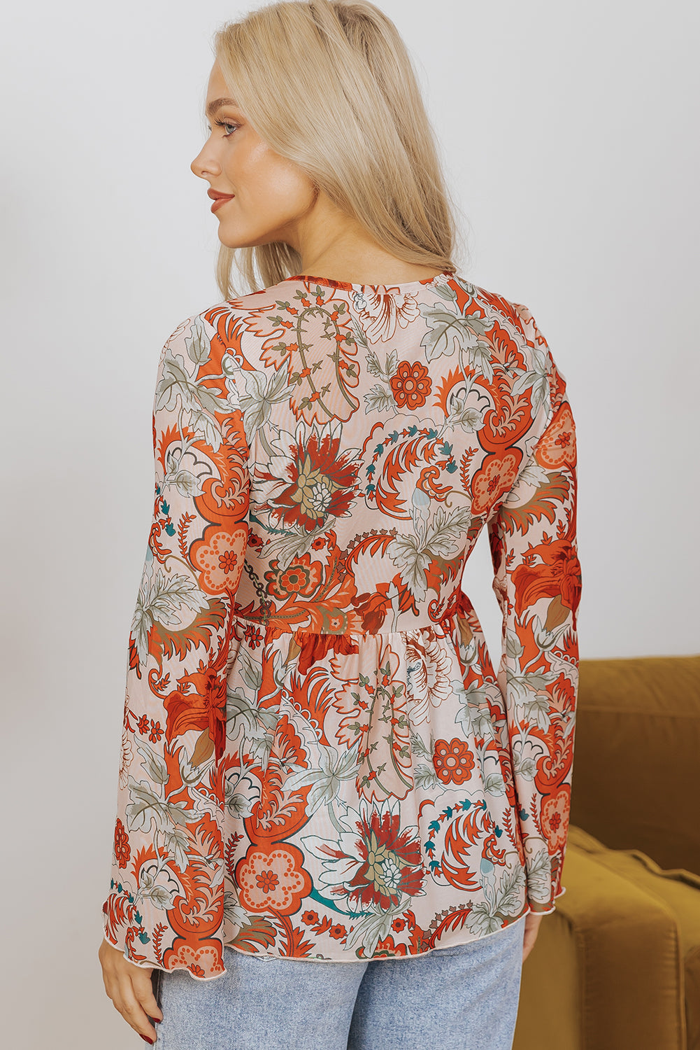 Blue Zone Planet | Orange Floral Print Deep V Neck Knot Bell Sleeve Blouse-Tops/Blouses & Shirts-[Adult]-[Female]-2022 Online Blue Zone Planet