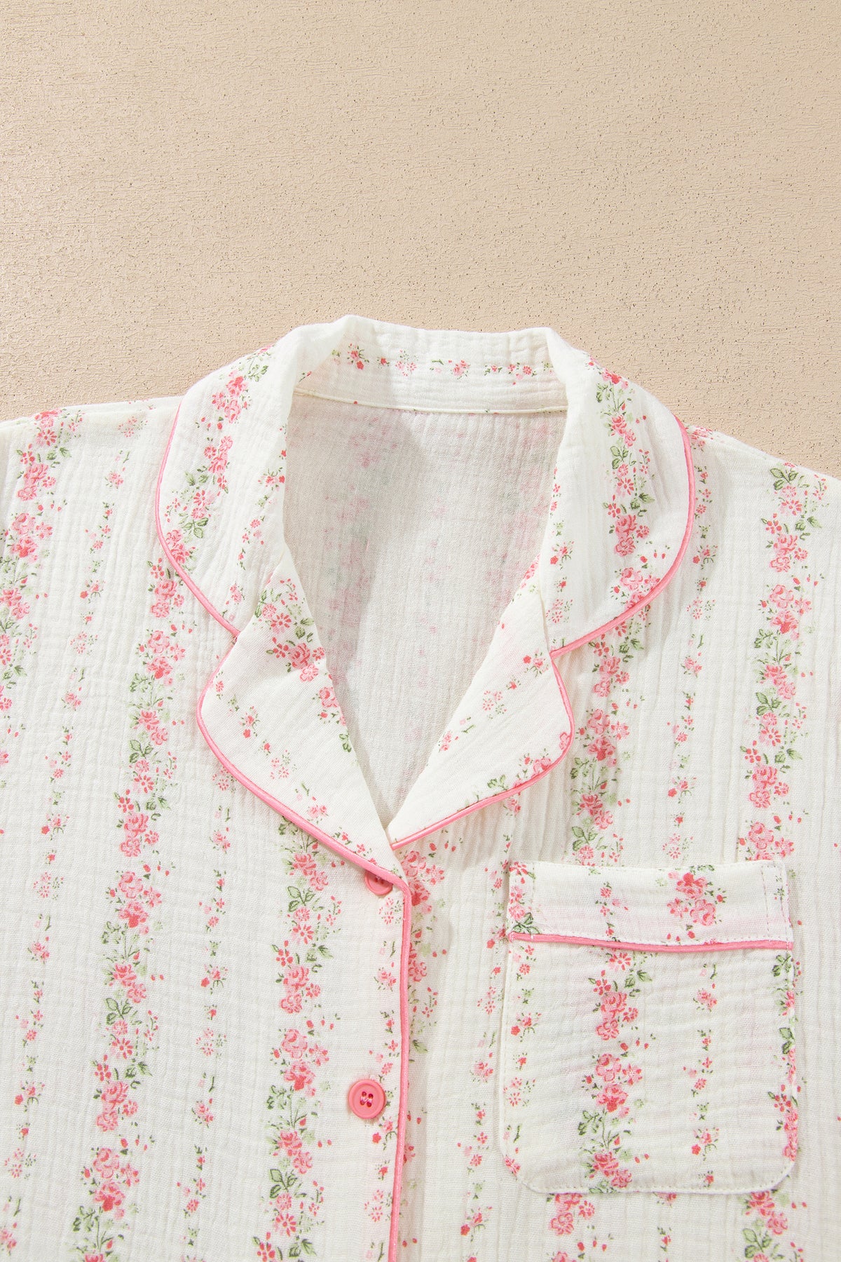 Pink Floral Print Long Sleeve Button Front Shirt Pajama Pant Set-Loungewear & Sleepwear/Loungewear-[Adult]-[Female]-2022 Online Blue Zone Planet