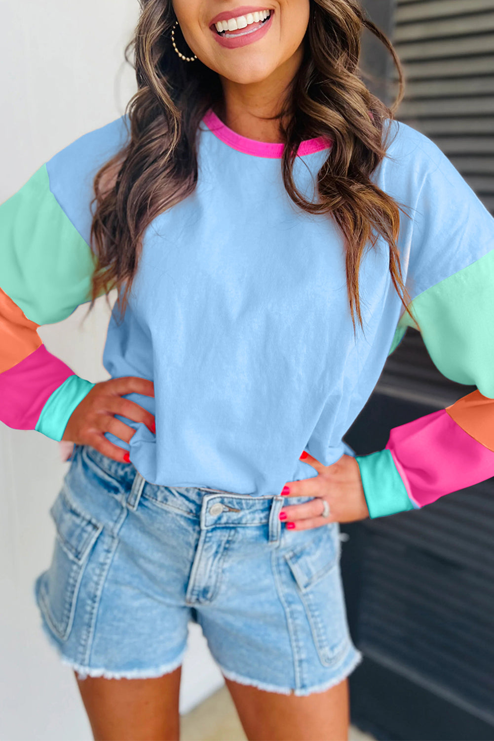 Green Colorblock Patchwork Long Sleeve Loose Top-Tops/Long Sleeve Tops-[Adult]-[Female]-Dark Blue-S-2022 Online Blue Zone Planet