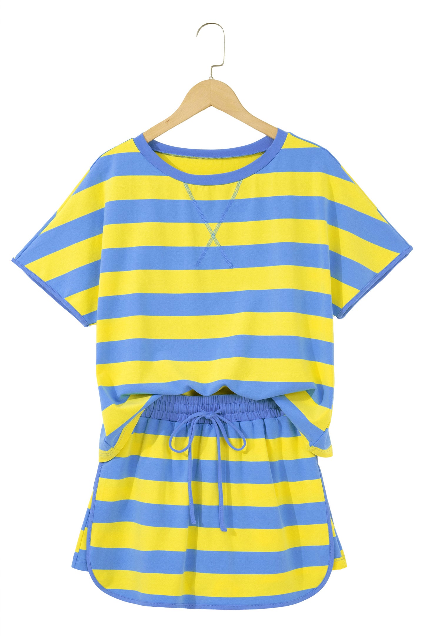 Yellow Stripe Dolman Tee Drawstring Skort Athletic 2pcs Set-Two Piece Sets/Short Sets-[Adult]-[Female]-2022 Online Blue Zone Planet