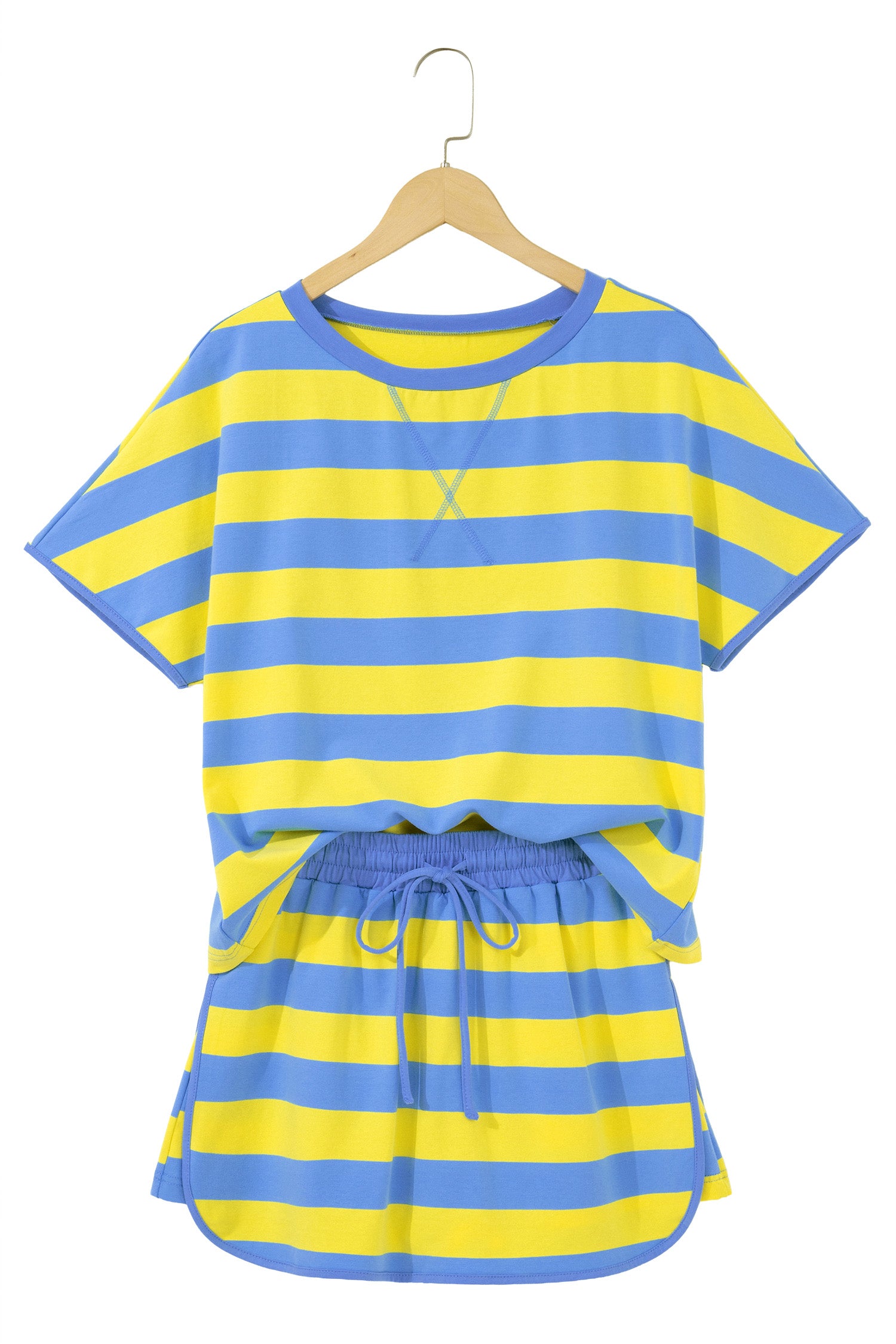Yellow Stripe Dolman Tee Drawstring Skort Athletic 2pcs Set-Two Piece Sets/Short Sets-[Adult]-[Female]-2022 Online Blue Zone Planet