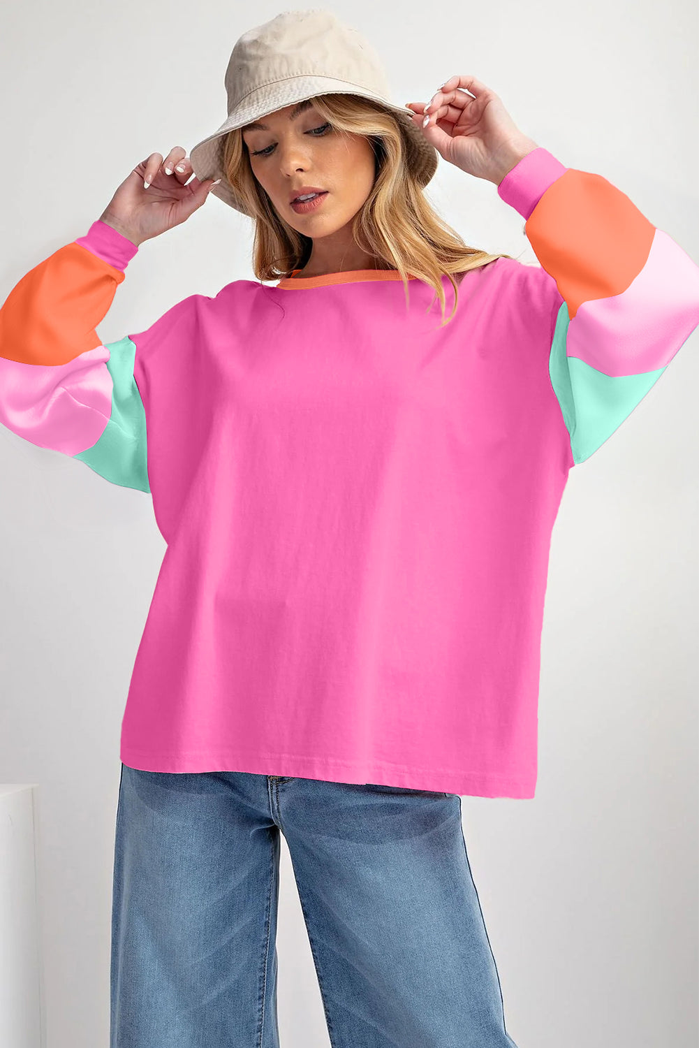 Green Colorblock Patchwork Long Sleeve Loose Top-Tops/Long Sleeve Tops-[Adult]-[Female]-2022 Online Blue Zone Planet