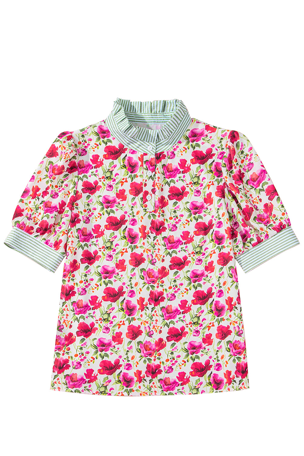 Red Floral Print Striped Patchwork Collared Short Sleeve Blouse-Tops/Blouses & Shirts-[Adult]-[Female]-2022 Online Blue Zone Planet