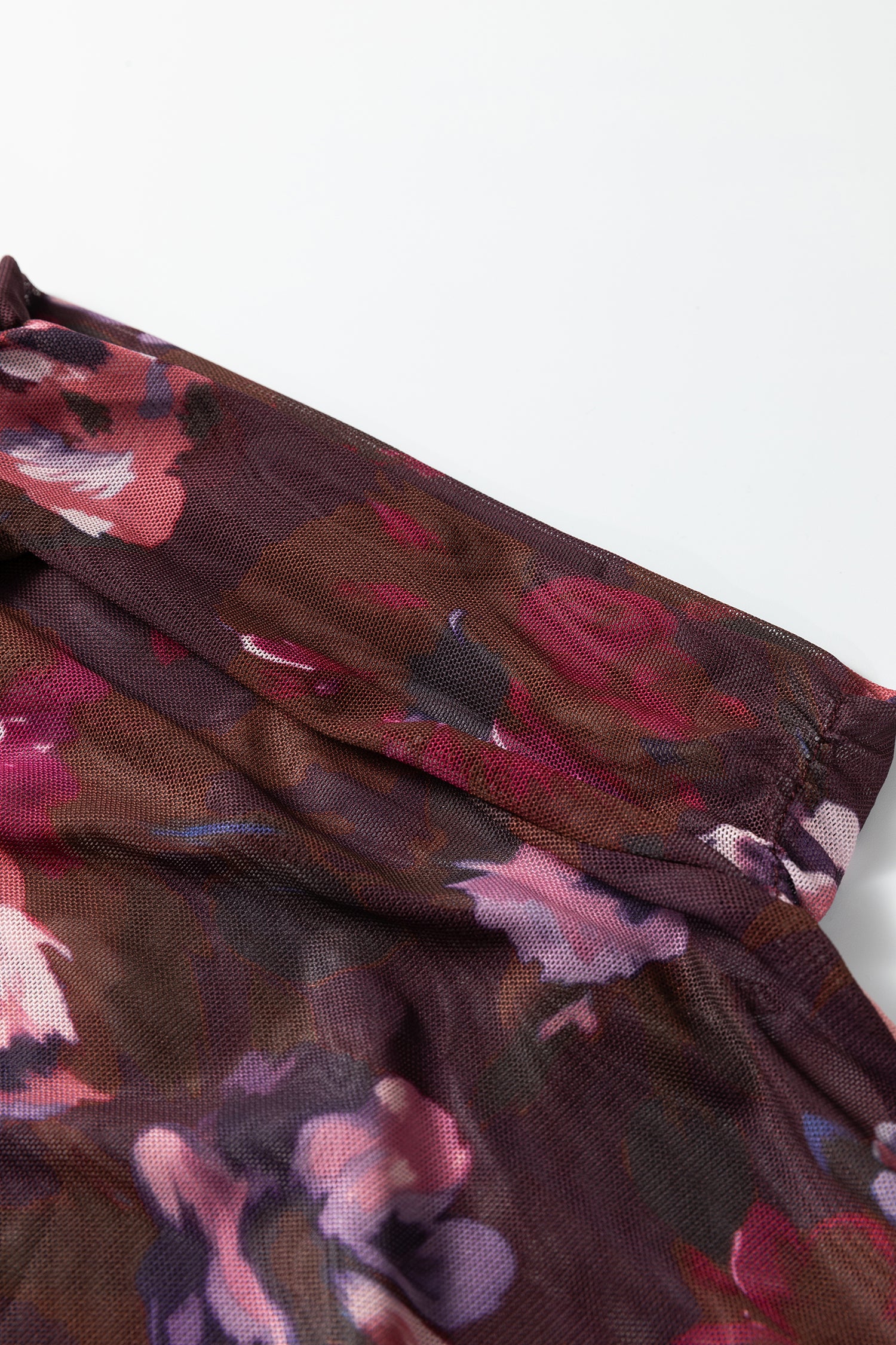 Brown High Neck Ruched Floral Mesh Top-Tops/Long Sleeve Tops-[Adult]-[Female]-2022 Online Blue Zone Planet