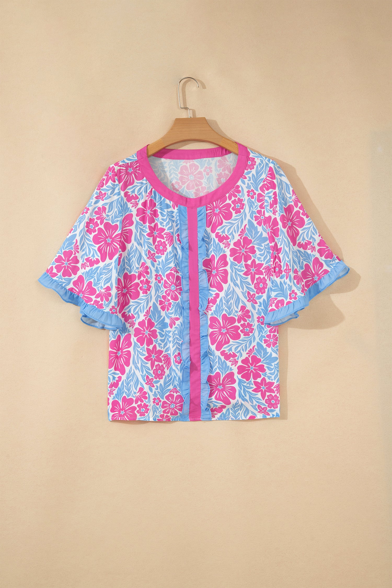 Rose Floral Print Ruffled Color Block Trim Half Sleeve Blouse-Tops/Blouses & Shirts-[Adult]-[Female]-2022 Online Blue Zone Planet