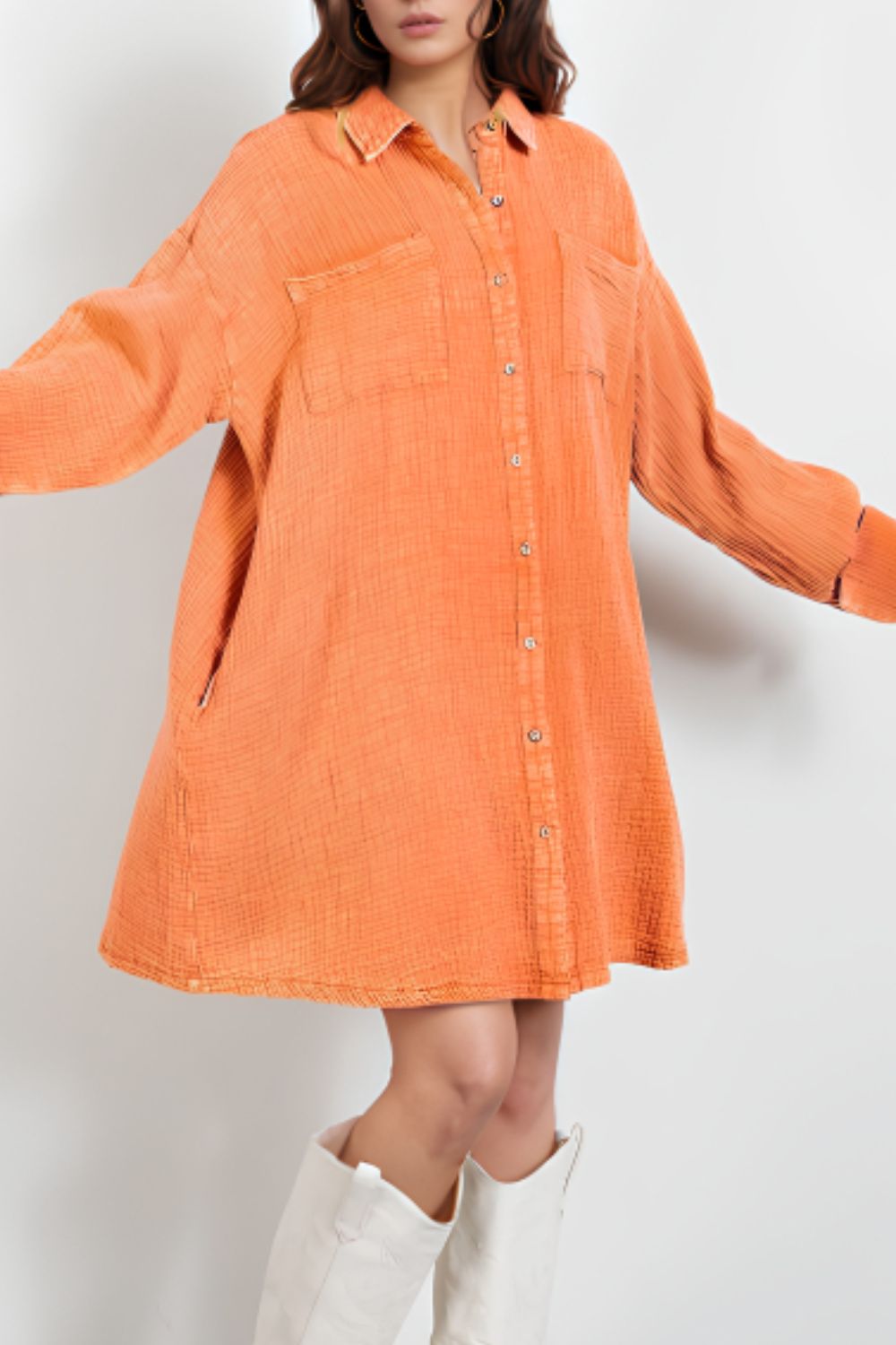 Blue Zone Planet | Pocketed Button Up Long Sleeve Shirt Dress-TOPS / DRESSES-[Adult]-[Female]-Sherbet-S-2022 Online Blue Zone Planet