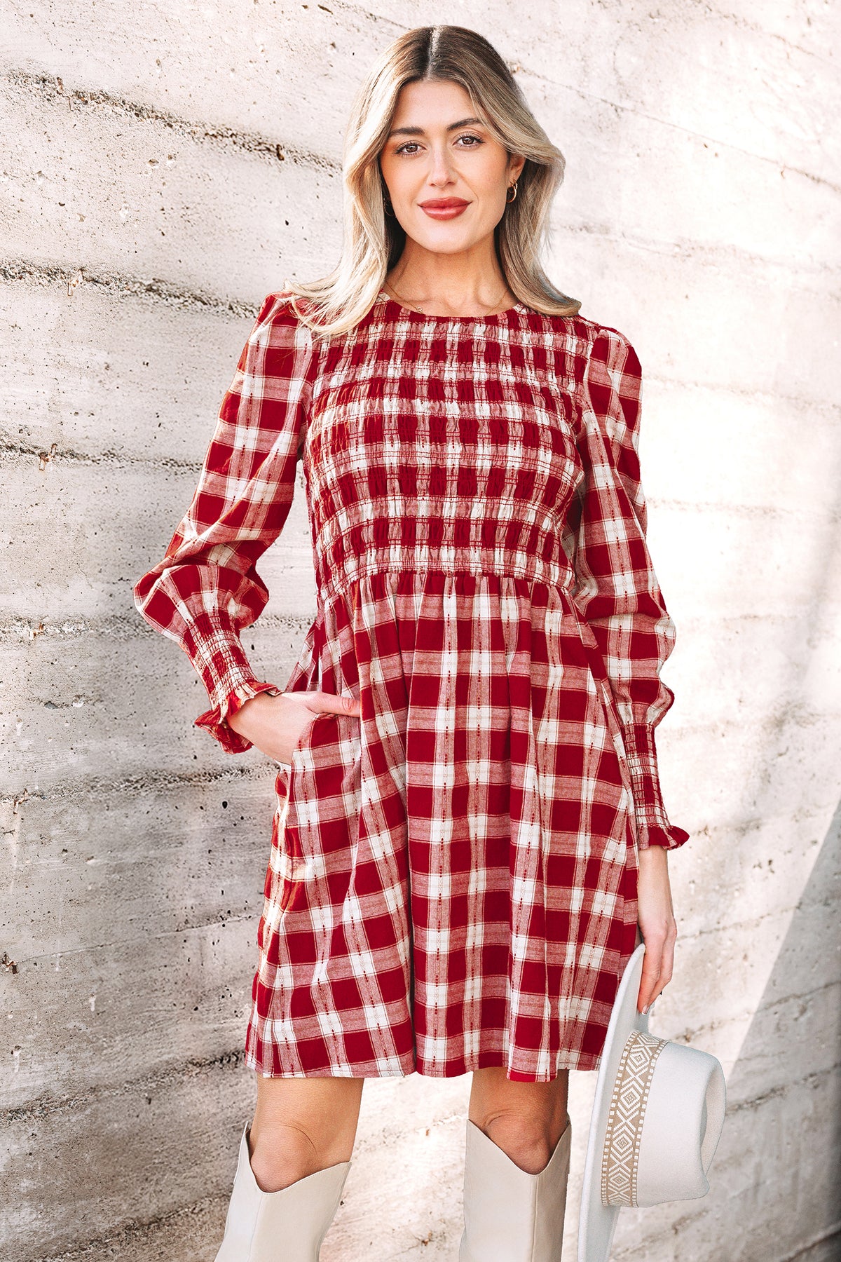 Red Plaid Print Smocked Puff Sleeve Mini Dress-TOPS / DRESSES-[Adult]-[Female]-2022 Online Blue Zone Planet