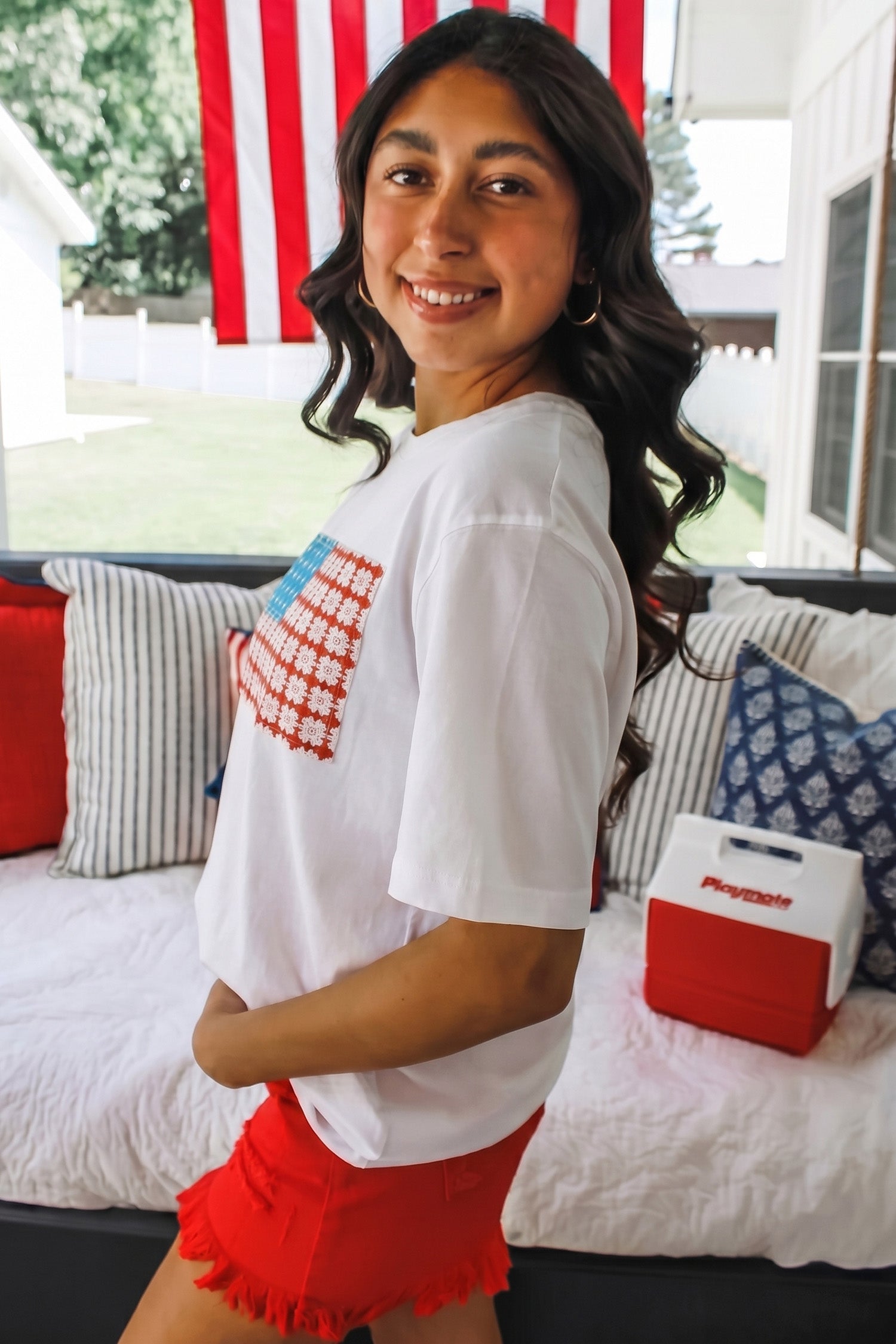 White Fancy Embroidered Patch Flag Casual T Shirt-Tops/Tops & Tees-[Adult]-[Female]-2022 Online Blue Zone Planet