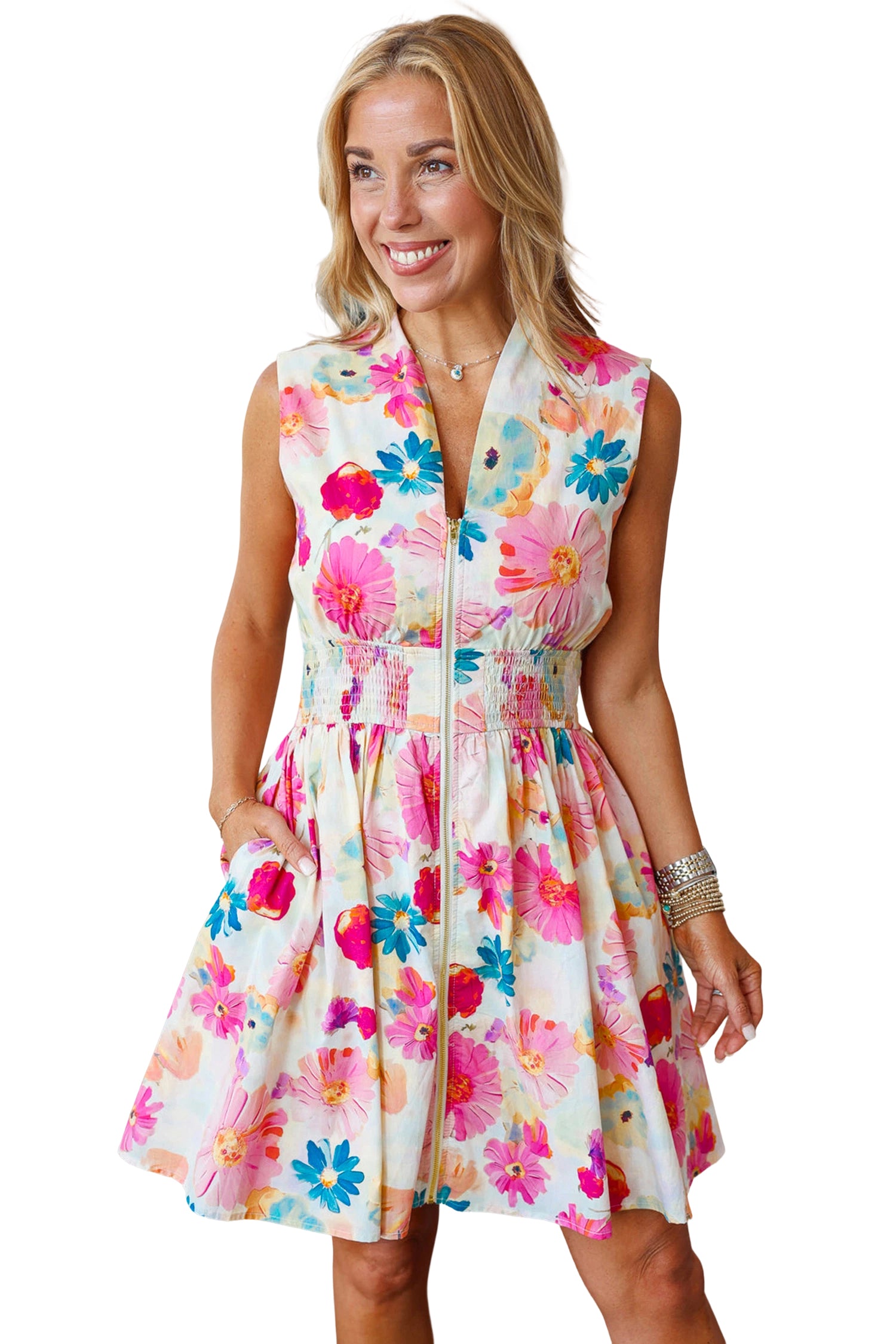 Pink Adorable Floral Print V Neck Zip Up Smocked Waist Flared Mini Dress-TOPS / DRESSES-[Adult]-[Female]-2022 Online Blue Zone Planet