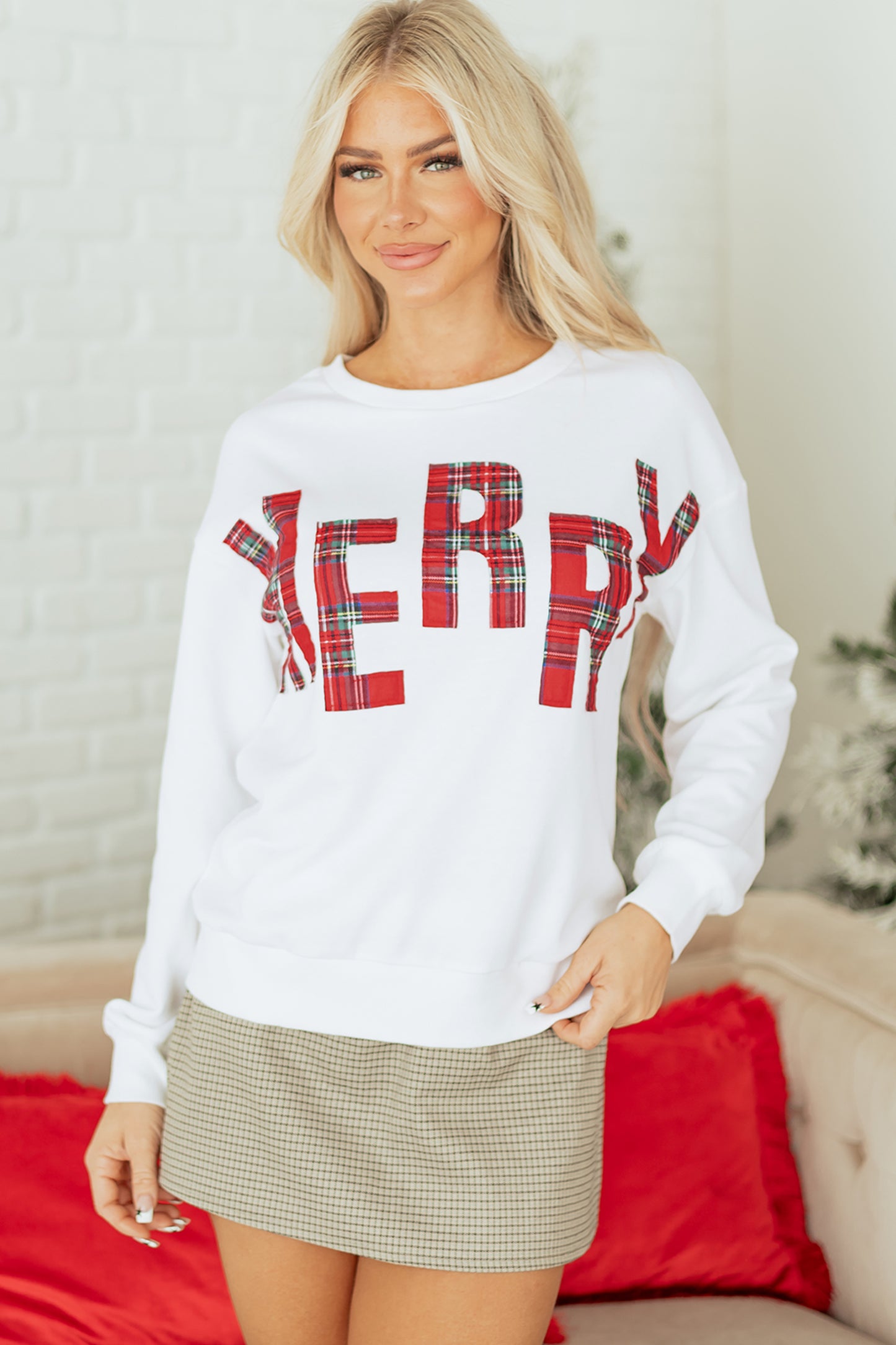 White Plaid MERRY Christmas Vacation Sweatshirt-Tops/Sweatshirts & Hoodies-[Adult]-[Female]-2022 Online Blue Zone Planet