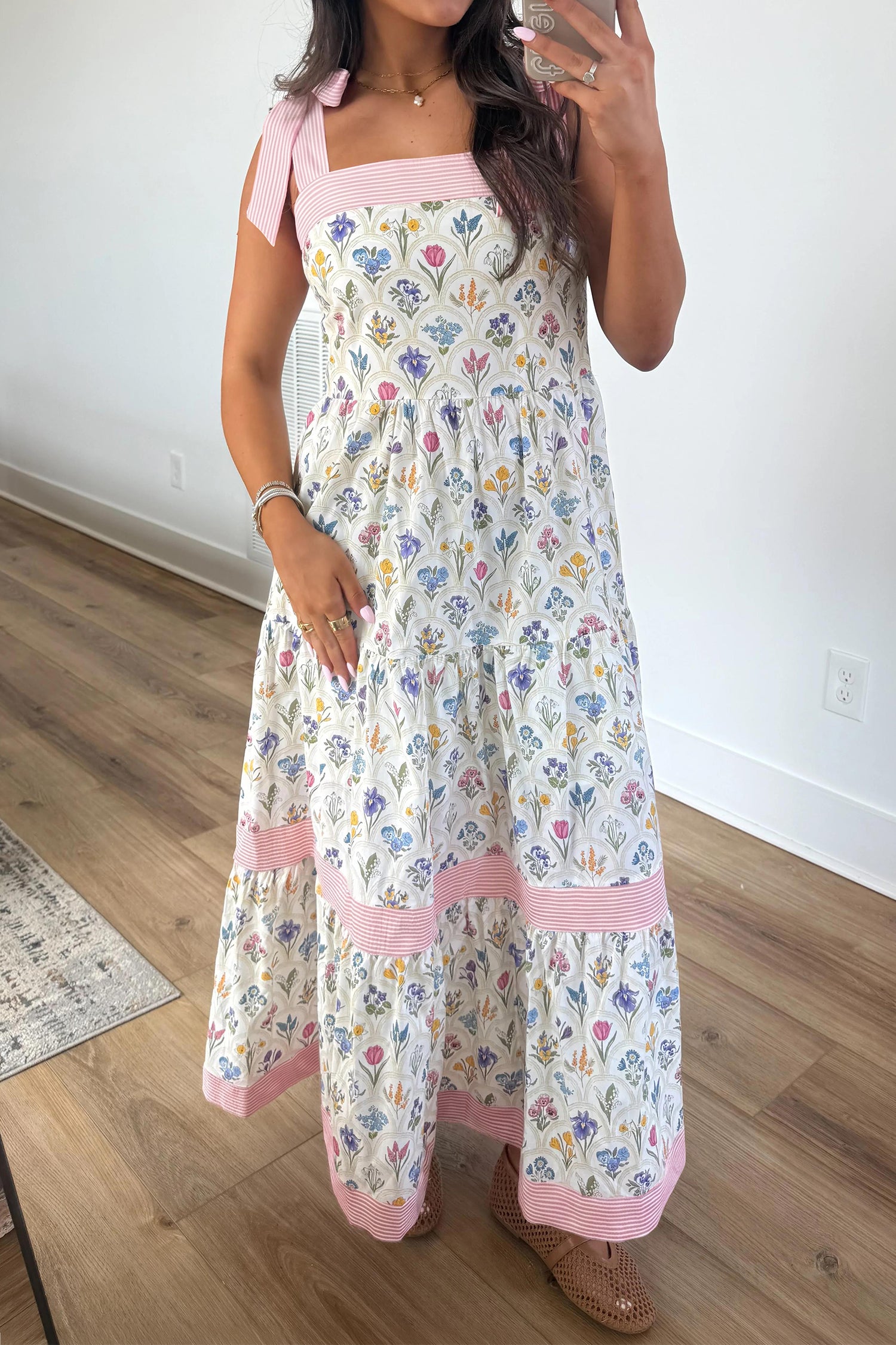 Multicolour Floral Print Striped Detail Knot Straps Maxi Dress-Dresses/Floral Dresses-[Adult]-[Female]-2022 Online Blue Zone Planet