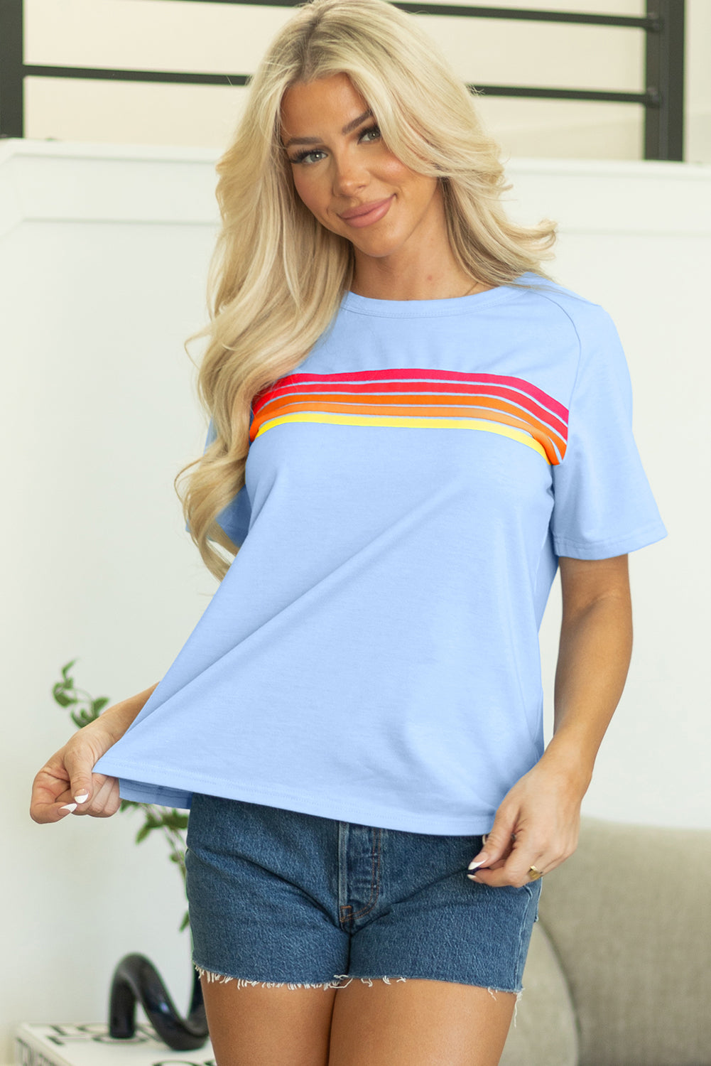 Beau Blue Striped Patch Front Casual Tee-Tops/Tops & Tees-[Adult]-[Female]-2022 Online Blue Zone Planet