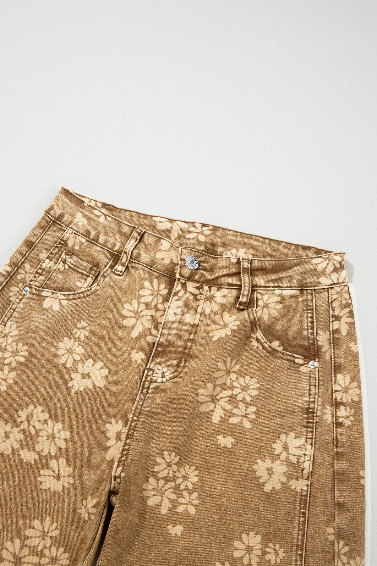 Khaki Floral Print Metal Button Pleated Straight Leg Jeans-Bottoms/Jeans-[Adult]-[Female]-2022 Online Blue Zone Planet