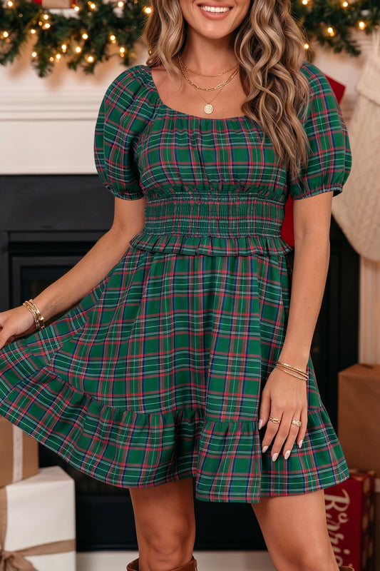 Green Plaid Shirred U Neck Short Sleeve Mini Dress-Dresses/Mini Dresses-[Adult]-[Female]-Green-S-2022 Online Blue Zone Planet