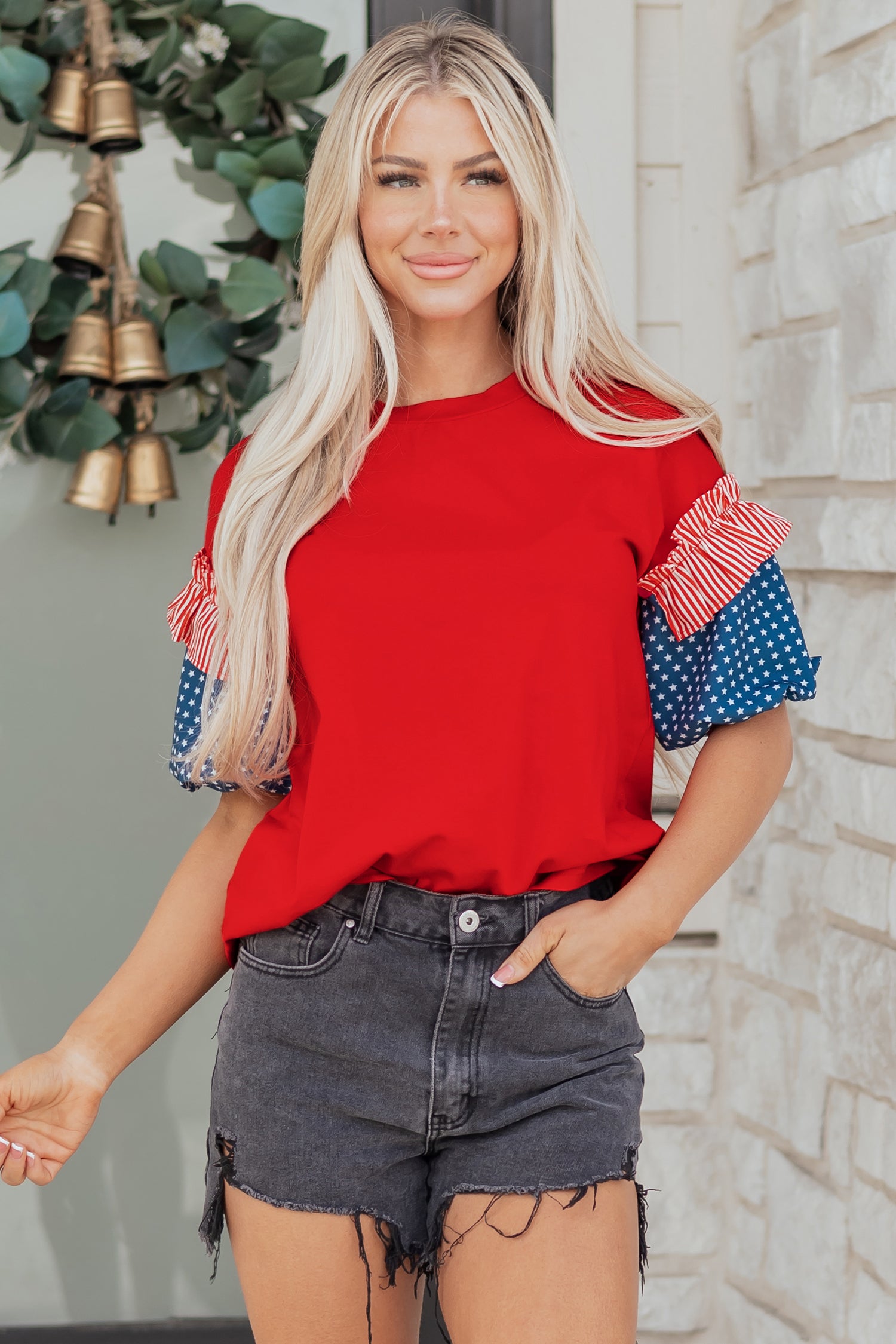 Fiery Red Stars Stripes Short Puff Sleeve Top-Tops/Tops & Tees-[Adult]-[Female]-2022 Online Blue Zone Planet