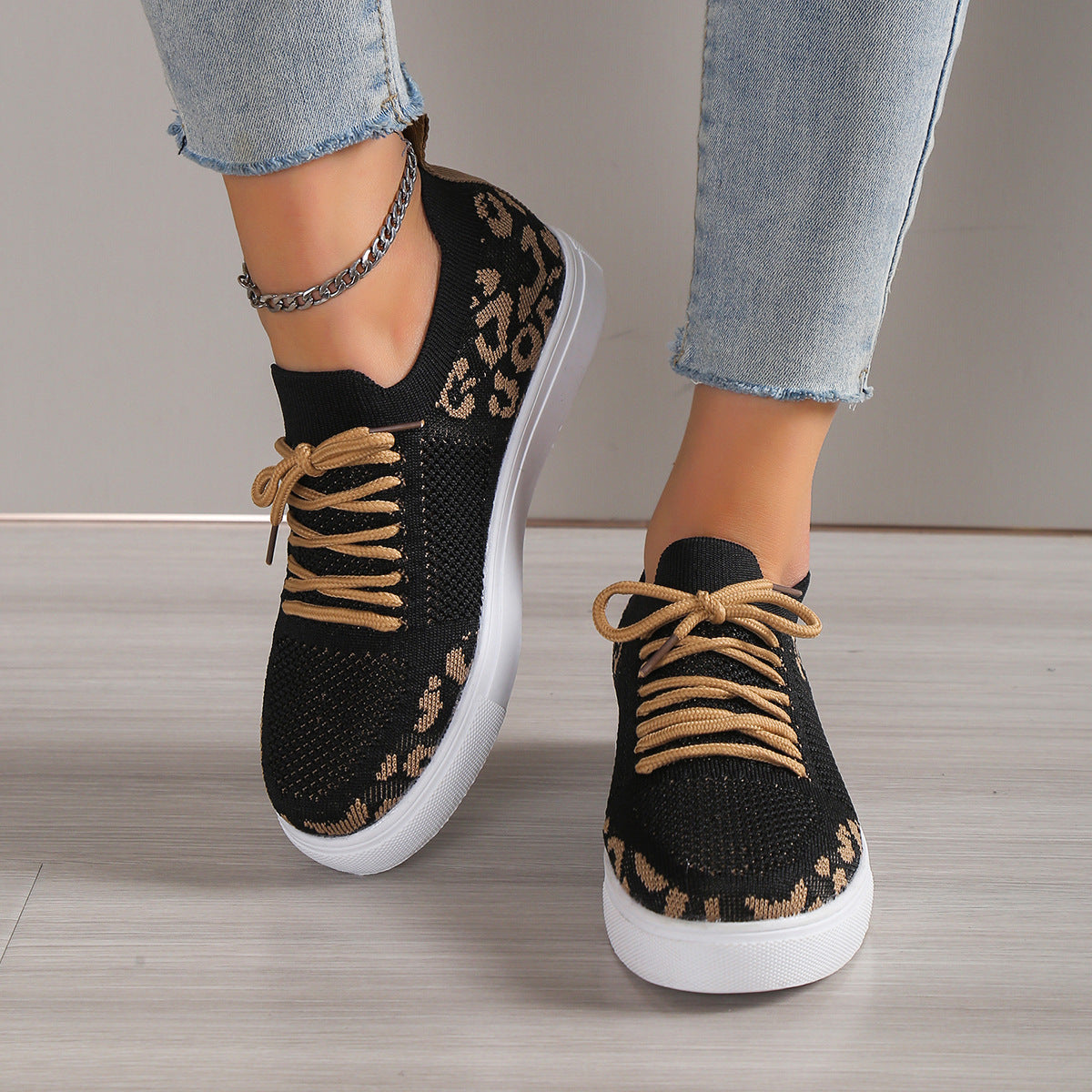 Blue Zone Planet | Lace-Up Leopard Flat Sneakers-SNEAKERS-[Adult]-[Female]-Black-36(US5)-2022 Online Blue Zone Planet