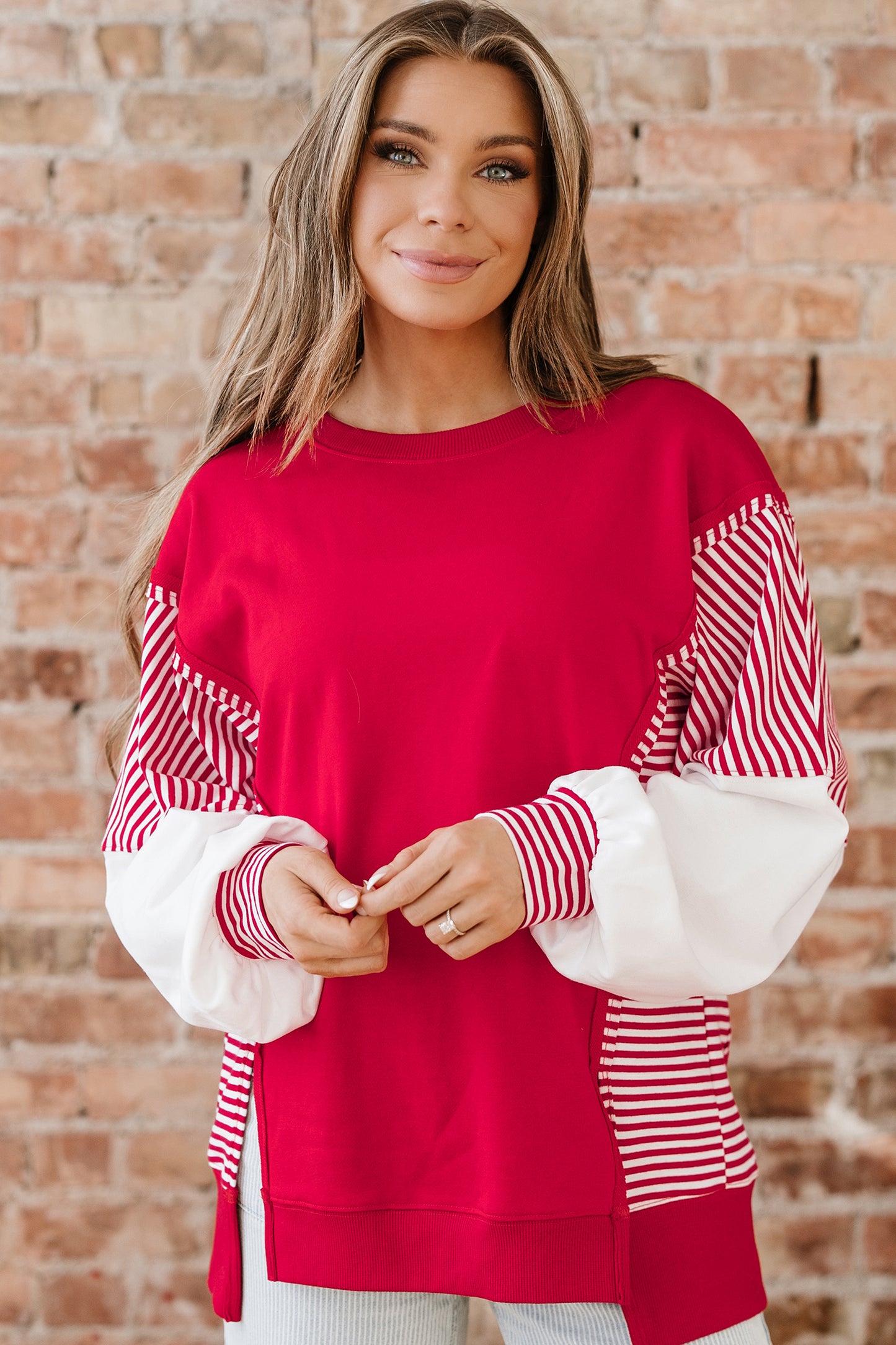 Fiery Red Striped Patchwork Sleeve Colorblock Sweatshirt-Tops/Sweatshirts & Hoodies-[Adult]-[Female]-2022 Online Blue Zone Planet