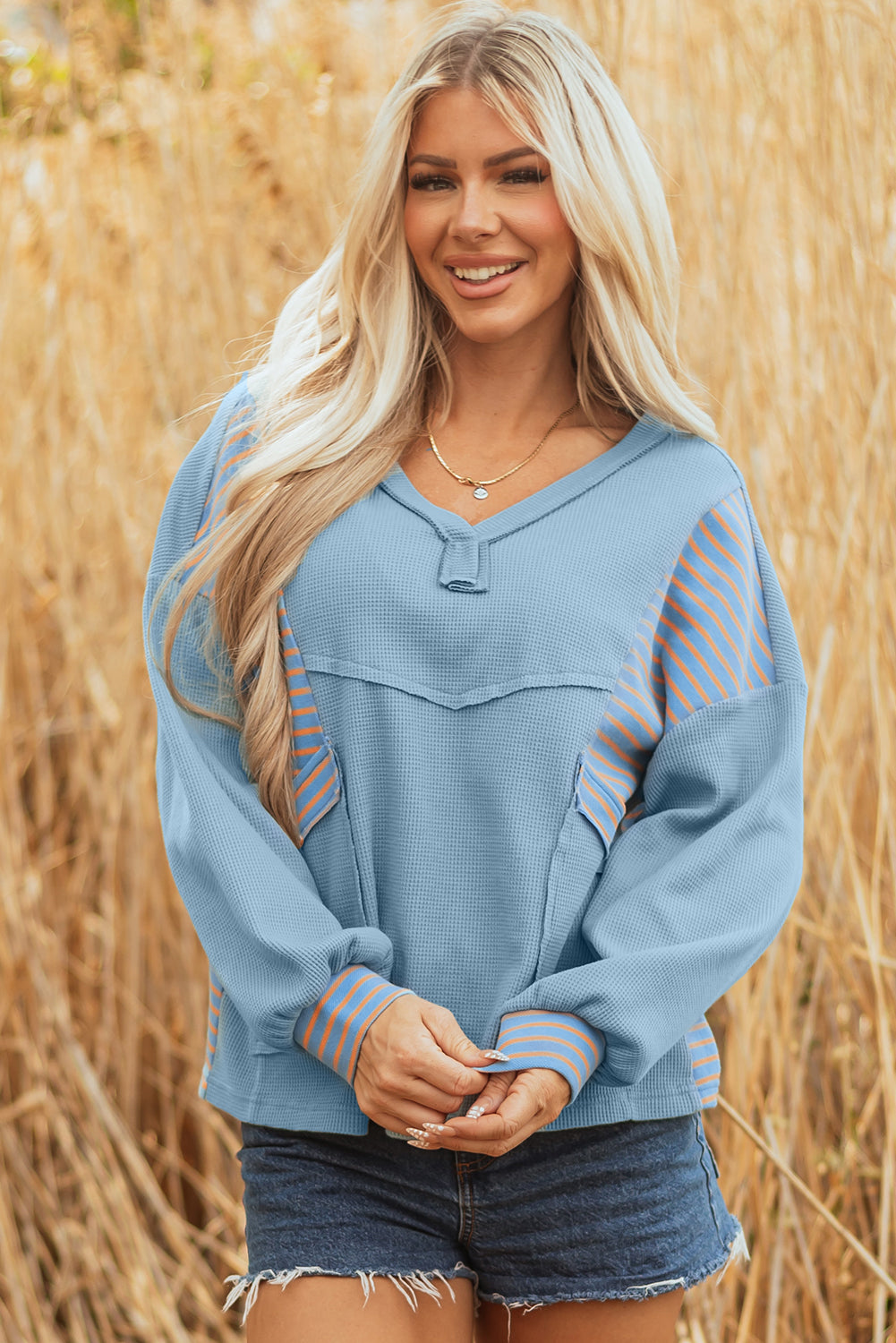 Dusk Blue Exposed Seam Waffle Striped Patchwork Baggy Pullover-Tops/Long Sleeve Tops-[Adult]-[Female]-2022 Online Blue Zone Planet