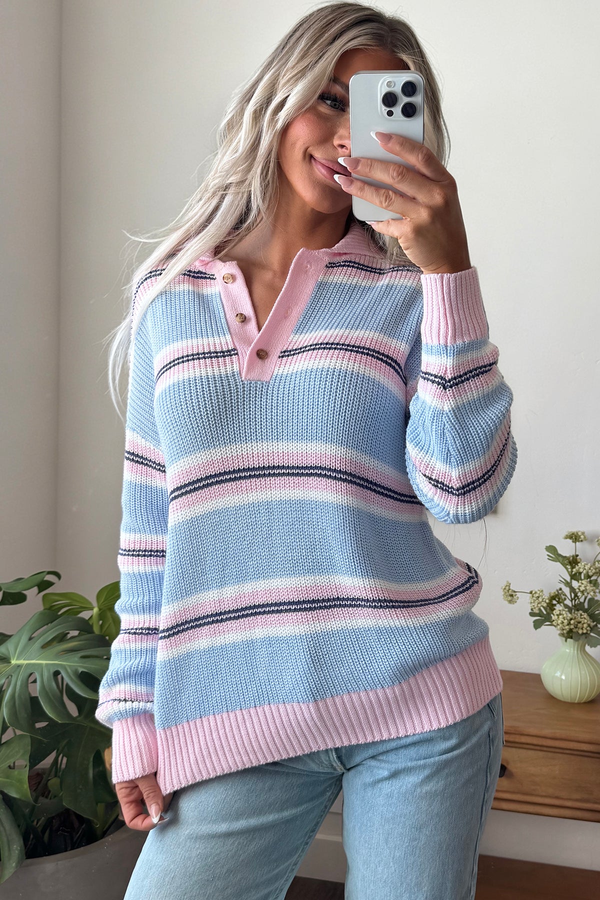Sky Blue Stripe Striped Button Collar Long Sleeve Shift Fit Winter Knitwear Sweater-TOPS / DRESSES-[Adult]-[Female]-2022 Online Blue Zone Planet