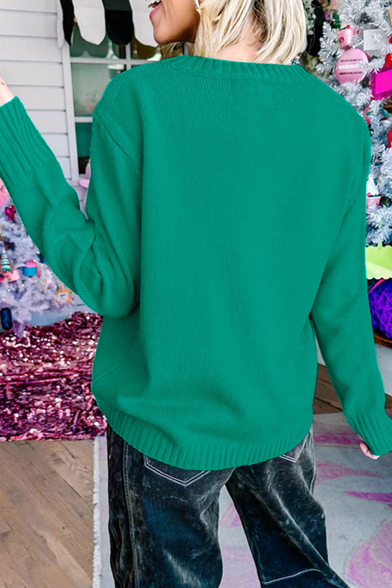 Bright Green Merry Print Ribbed Trim Round Neck Loose Fit Sweater-Sweaters & Cardigans/Sweaters-[Adult]-[Female]-2022 Online Blue Zone Planet