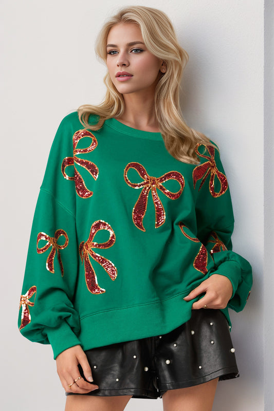 Blue Zone Planet | Double Take Christmas Bow Sequin Round Neck Dropped Shoulder Sweatshirt-TOPS / DRESSES-[Adult]-[Female]-Dark Green-S-2022 Online Blue Zone Planet