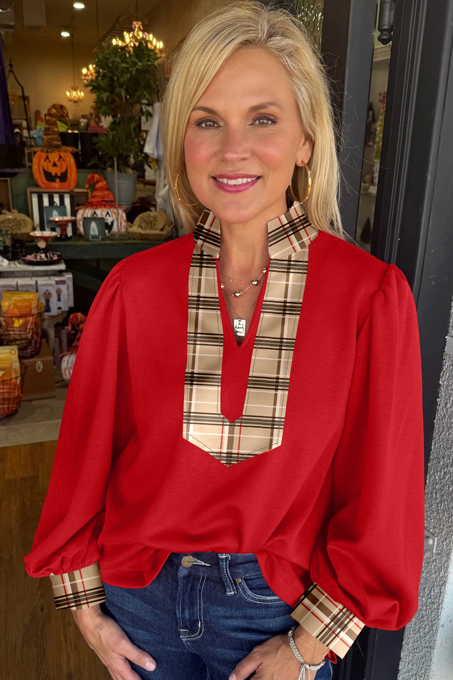 Racing Red Contrast Plaid Patchwork V Neck Long Sleeve Blouse-Tops/Blouses & Shirts-[Adult]-[Female]-2022 Online Blue Zone Planet