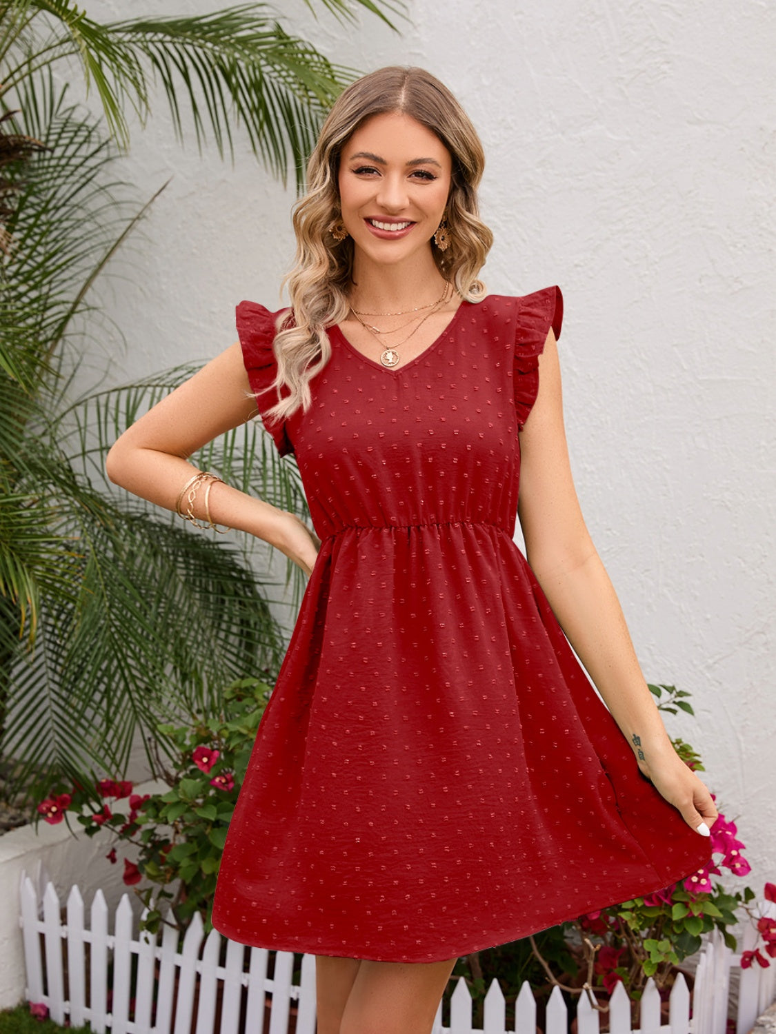 Swiss Dot Ruffled V-Neck Dress-TOPS / DRESSES-[Adult]-[Female]-Burgundy-S-2022 Online Blue Zone Planet